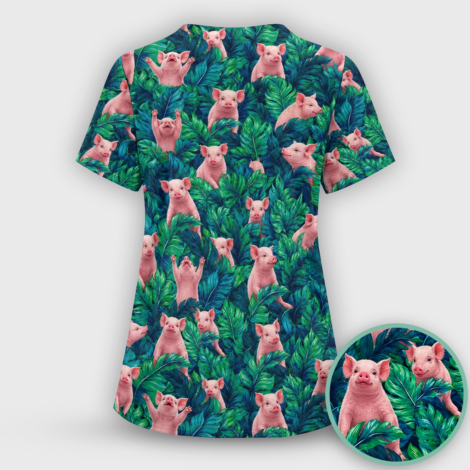 Cute Piglet Jungle Leaves Pattern Scrub Top, Comfortable Scrubs for Nurses