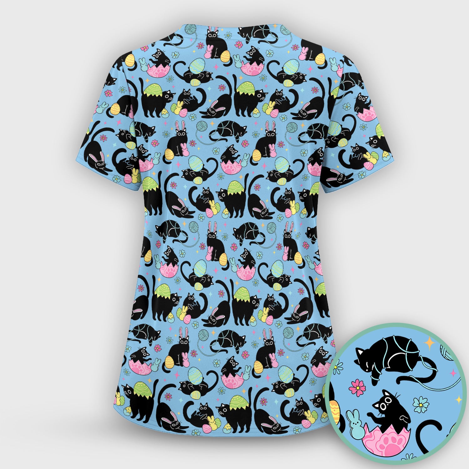 Funny Easter Black Cat Egg Pattern Scrub Top, Breathable Fabrics Nursing Uniform