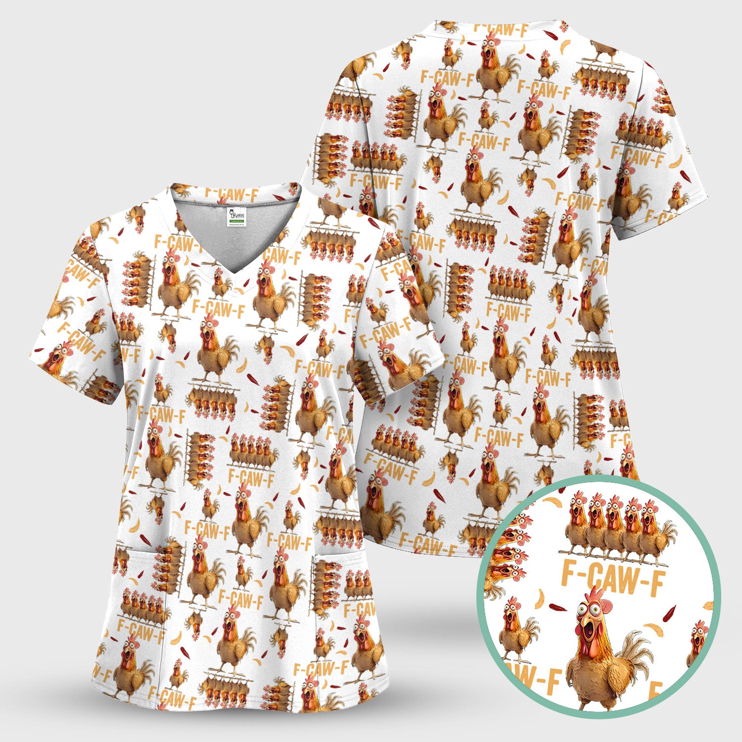 Funny Chicken Nurse Scrub Top for Women - Crazy Rooster F-CAW-F Medical Shirt - Quirky Farm Animal Nursing Uniform Gift RN LPN CNA