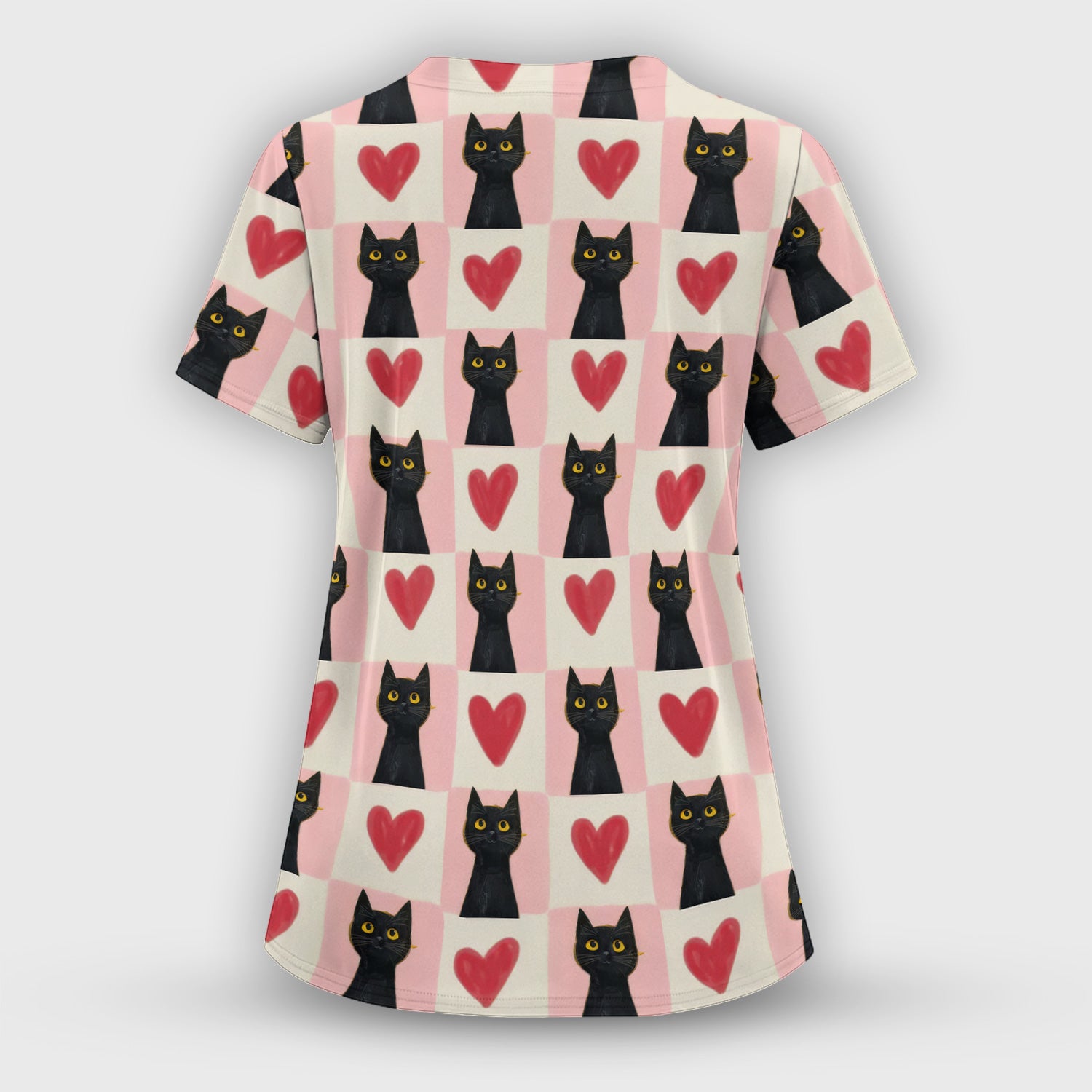 Cute Black Cat Heart Print V Neck Nursing Scrub Top, Comfortable Medical Uniform