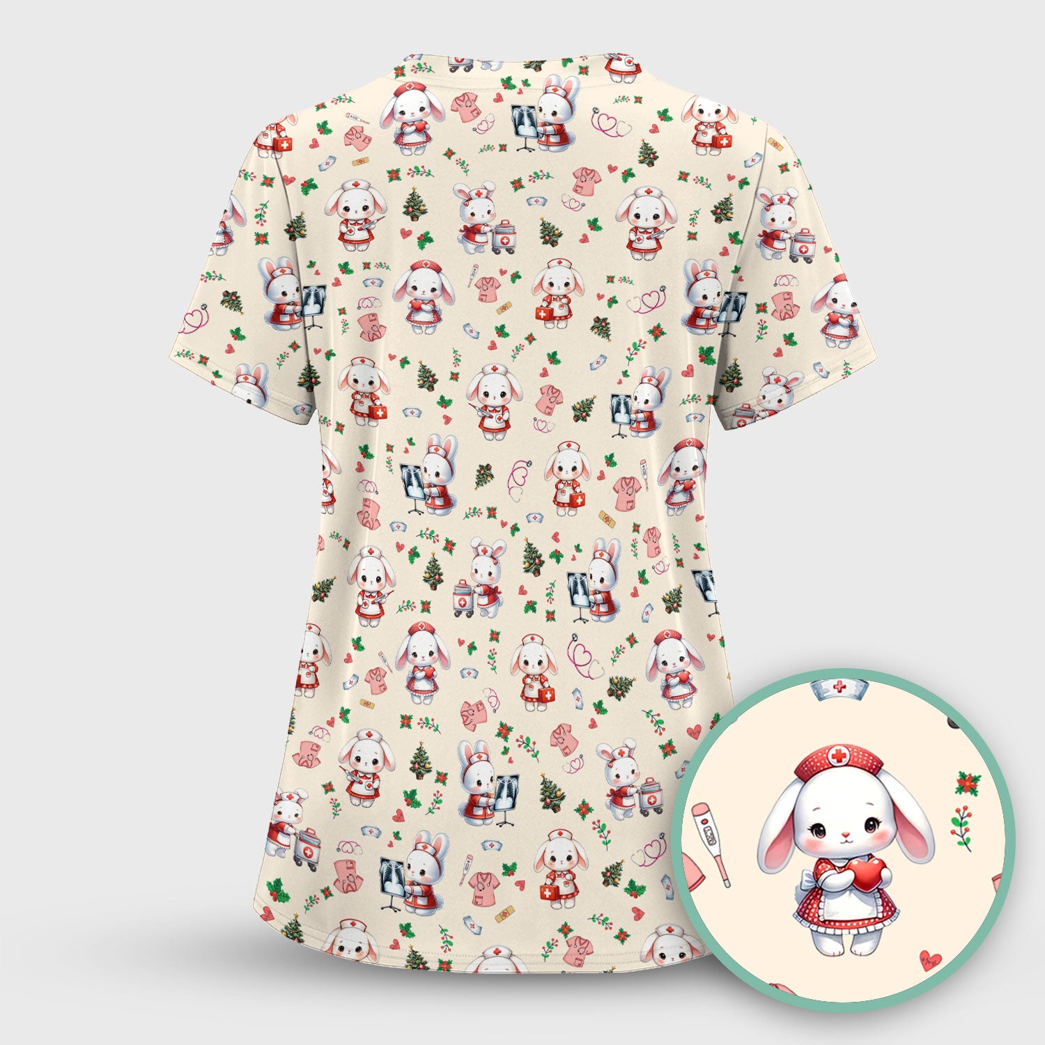 Cute Bunny Scrub Top for Nurse - Adorable Christmas Rabbit Shirt - Funny Holiday Medical Shirt Gift for Women RN LPN CNA