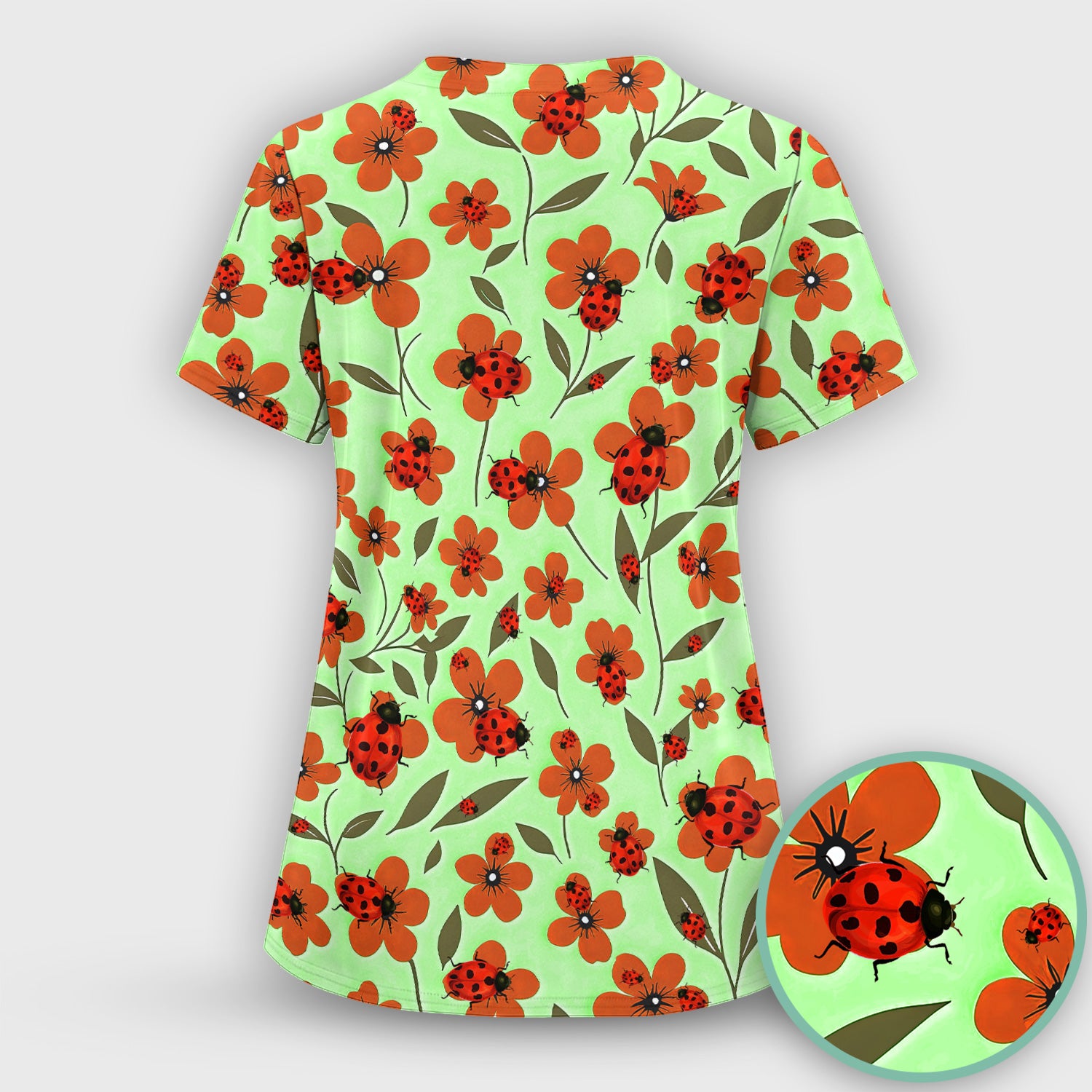 Ladybug on Orange Floral Garden Pattern Scrub Top, Comfortable Scrubs for Nurses