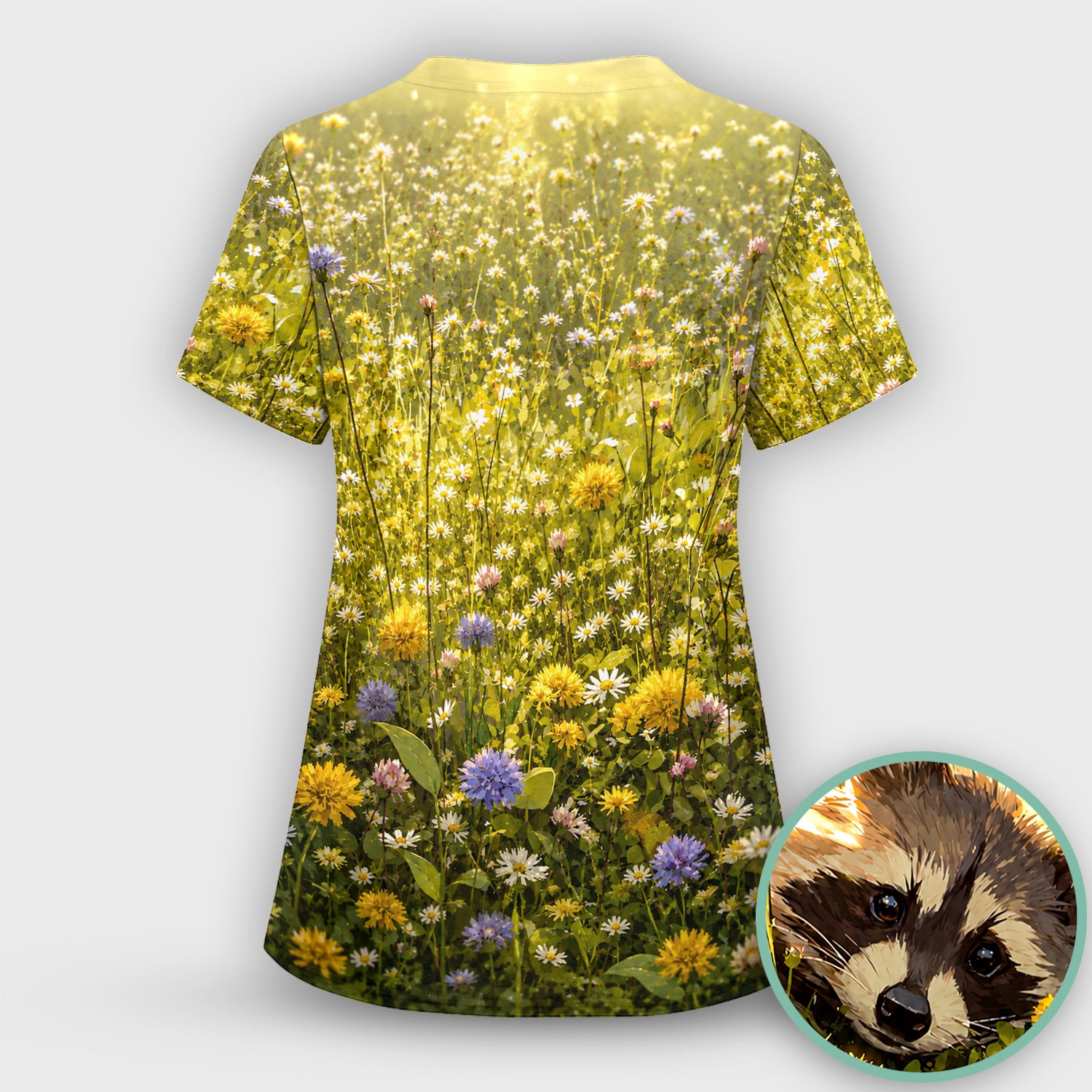 Meadow Raccoon Wildflower Garden Pattern Scrub Set, Scrub Pants and V Neck Top