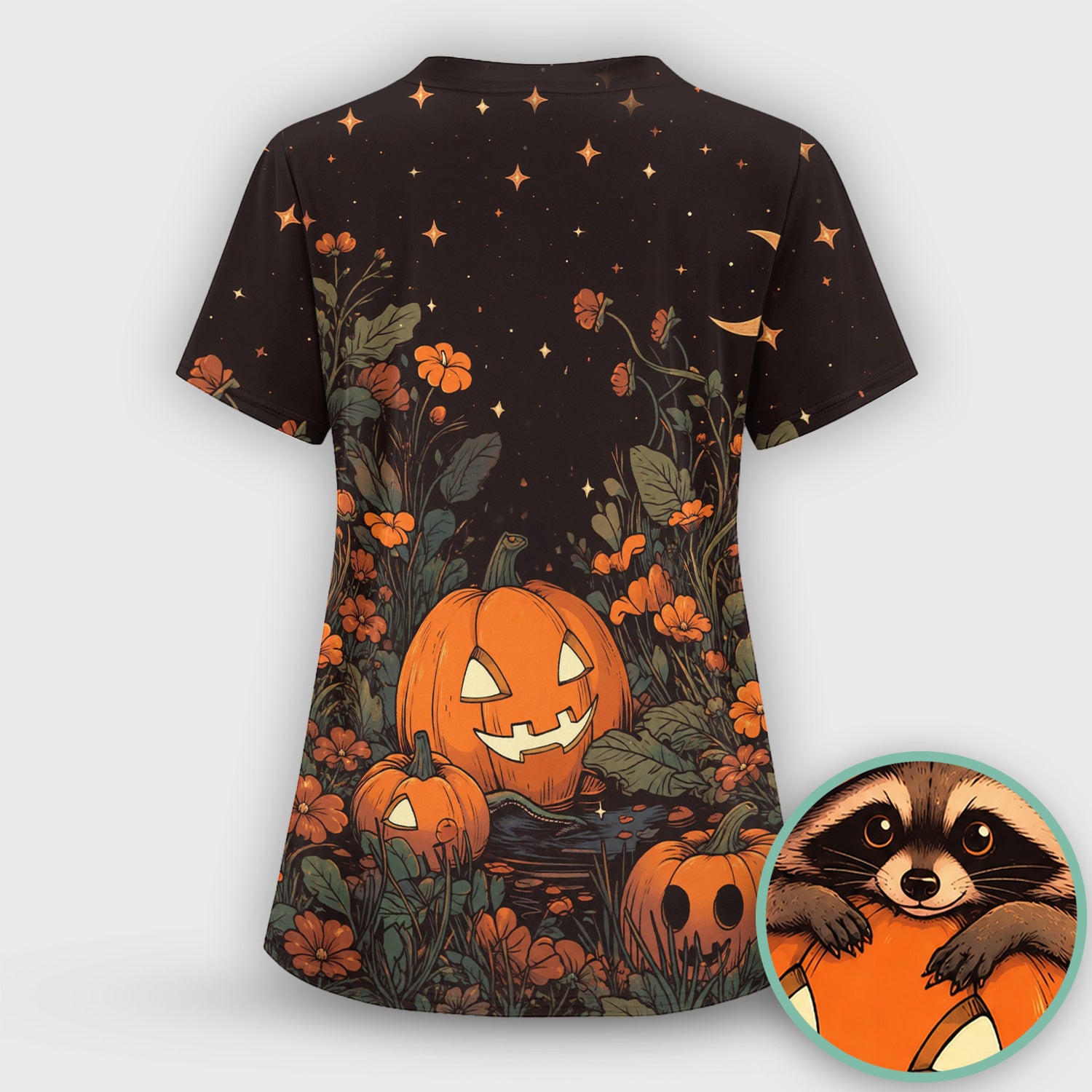 Spooky Halloween Raccoon Print Scrub Top, Comfortable Scrubs for Nurses
