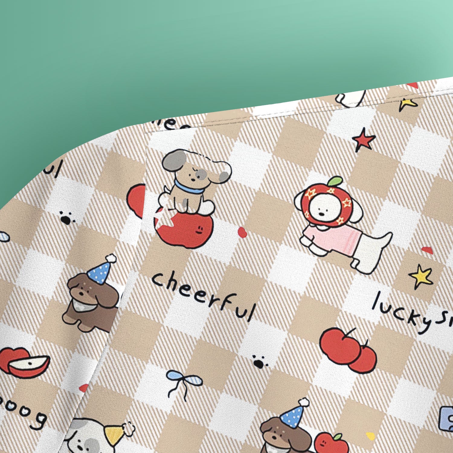 Cute Nurse Cartoon Puppy Apple Gingham Scrub Top, Breathable Fabrics Nursing Uniform