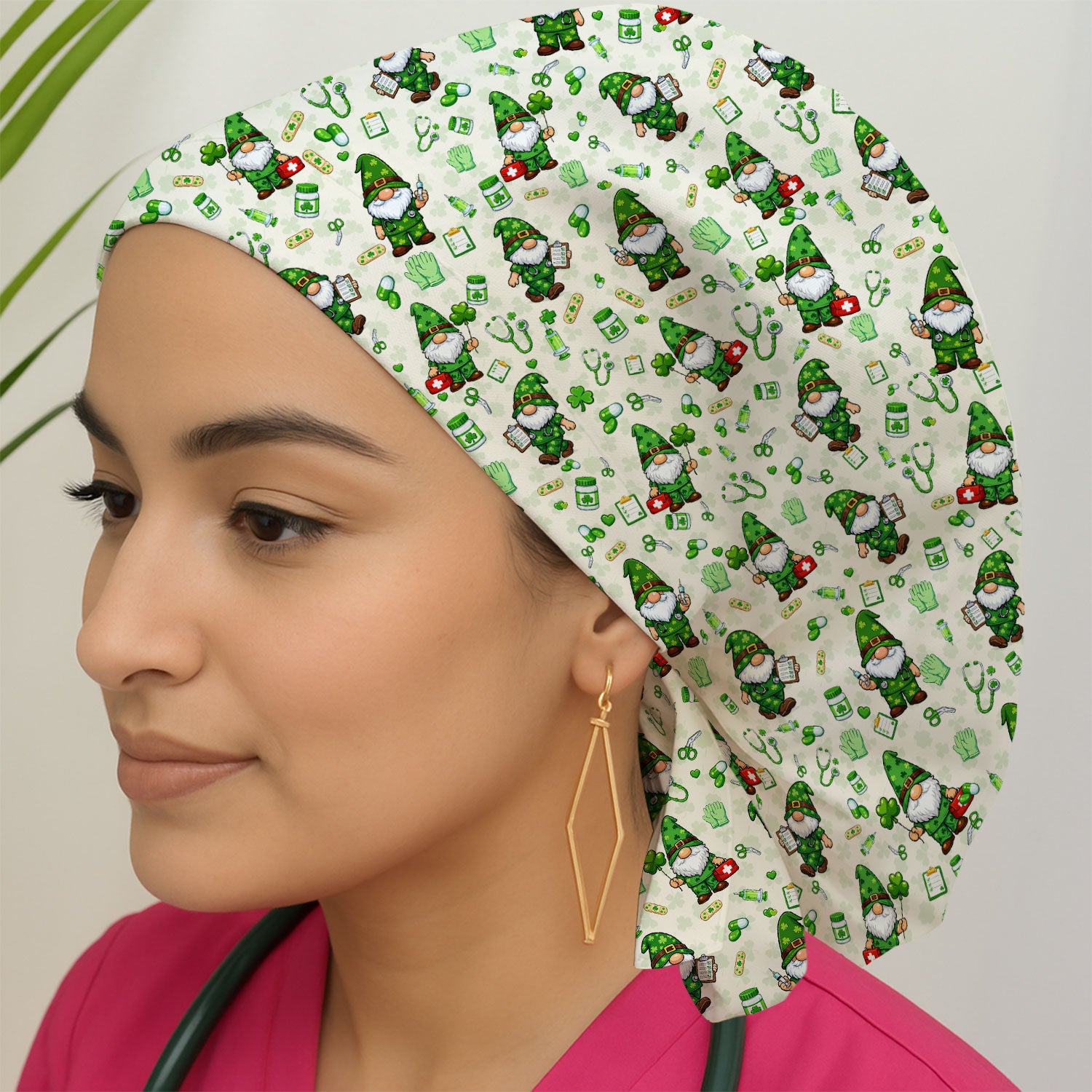 St. Patrick’s Day Nurse Gnome Scrub Cap, Green Lucky Medical Pattern Nurse Hat, Breathable Fabrics Nursing Uniform