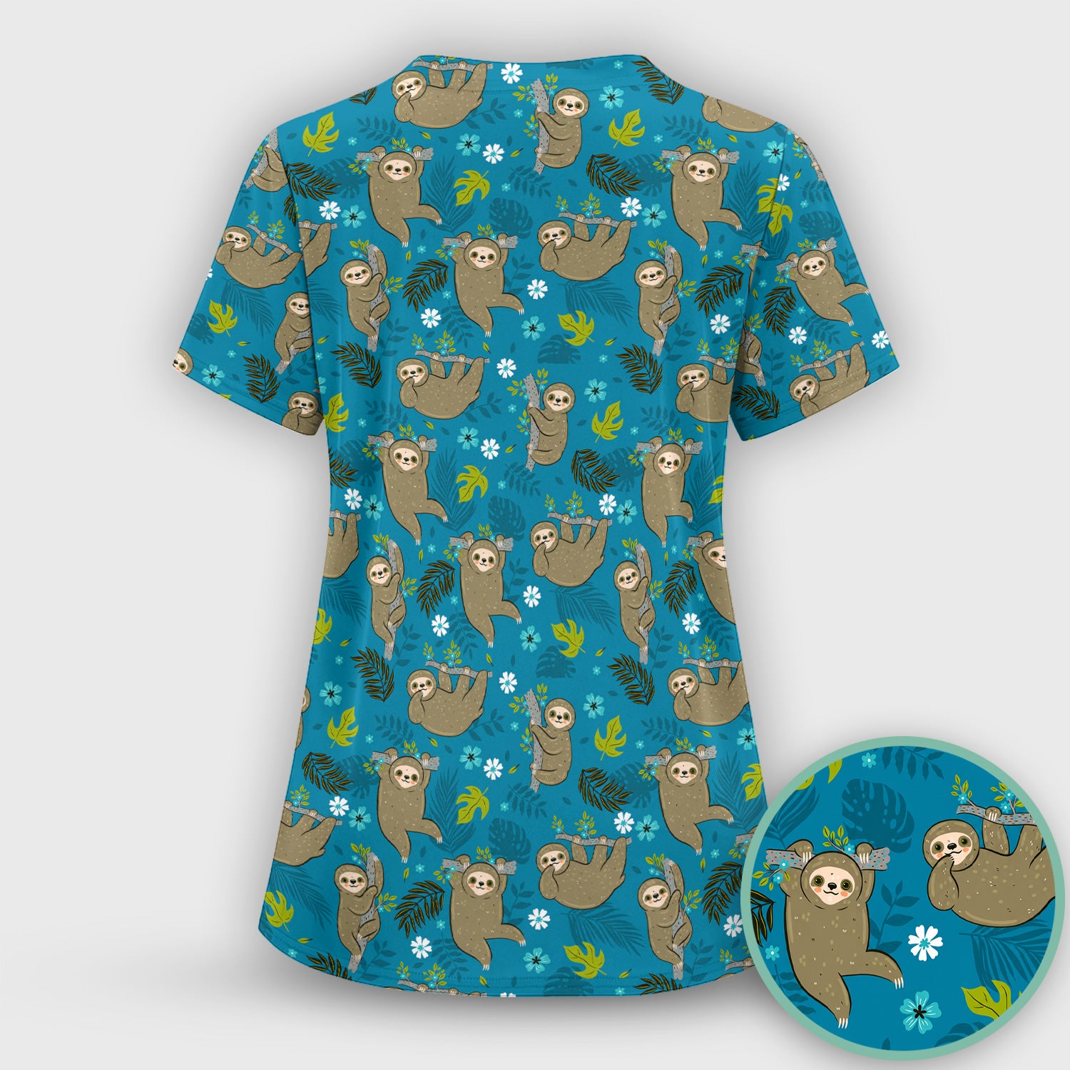 Jungle Tropical Sloth Pattern Scrub Top, Comfortable Scrubs for Nurses