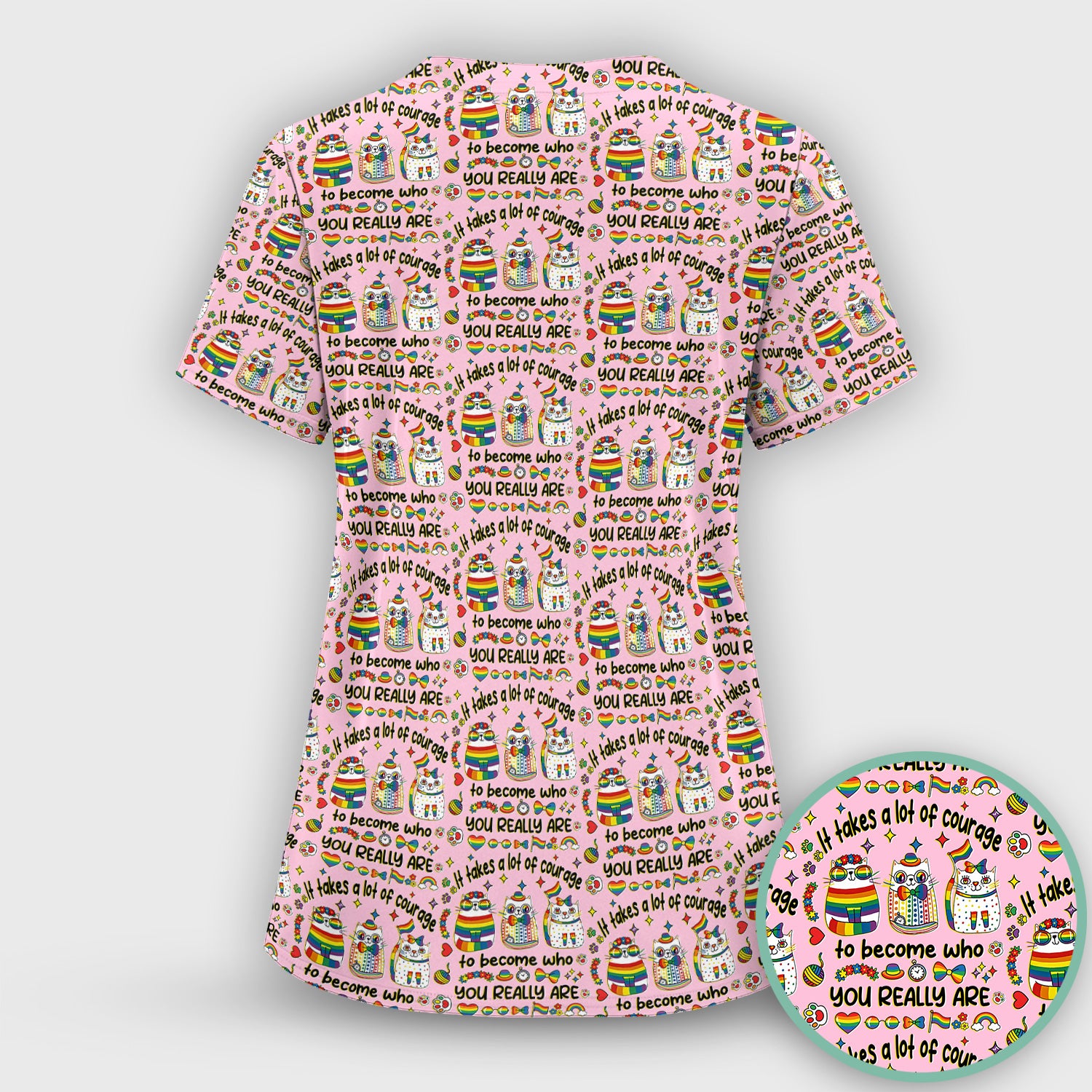 Inspirational Nurse Rainbow Cat Courage Quote Pattern Scrub Top, Breathable Fabrics Nursing Uniform