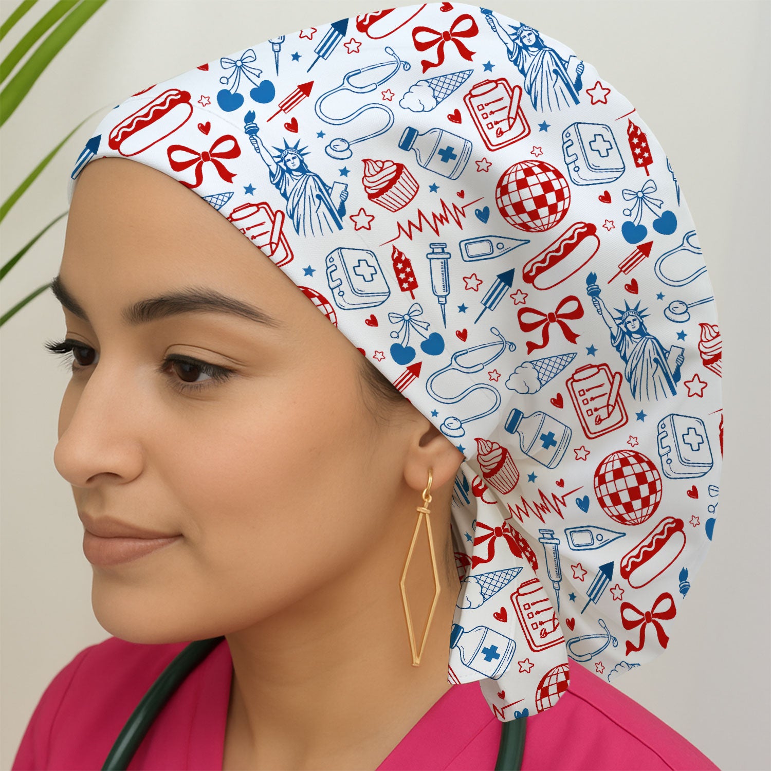Patriotic Nurse Medical Icons Pattern Print Cap, Bouffant Scrub Caps for Women