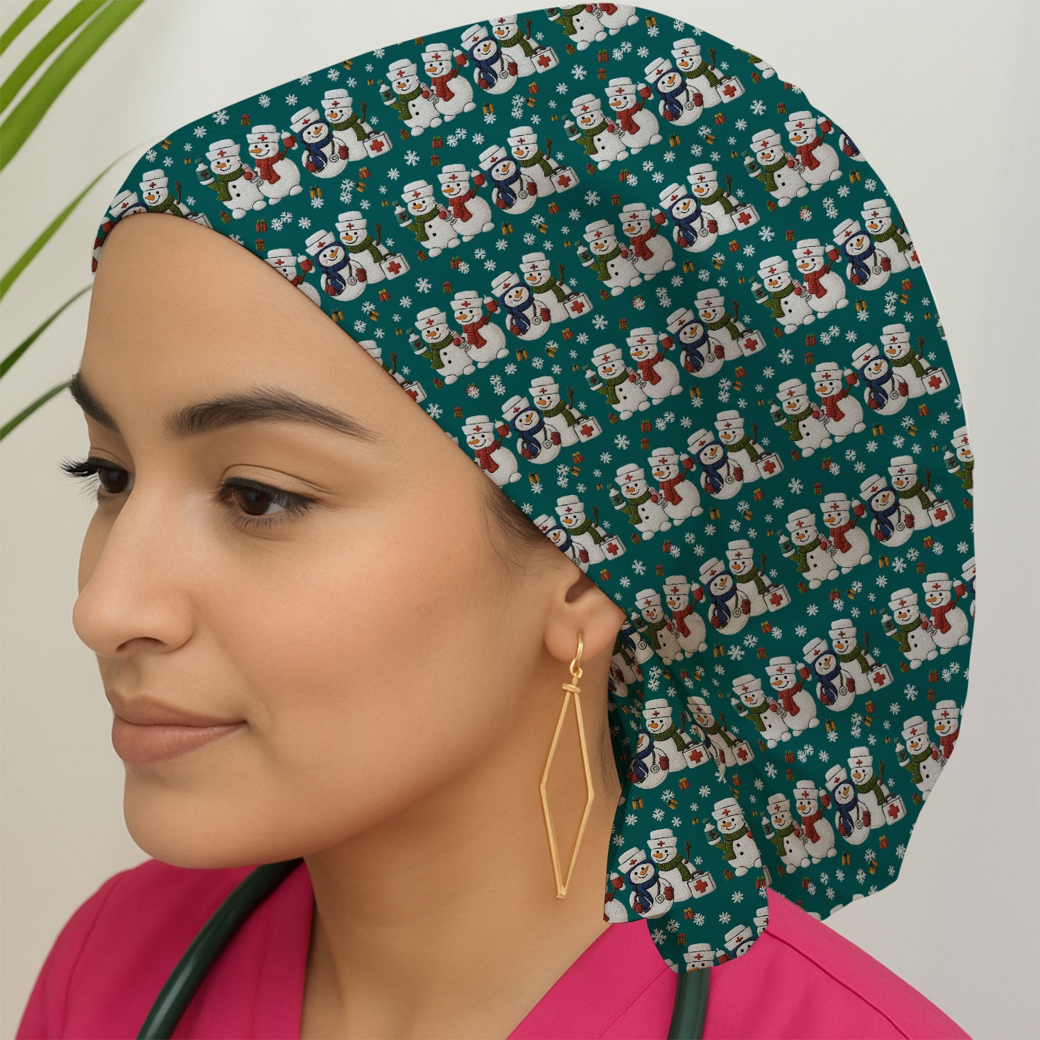 Cute Christmas Snowman Nurse Pattern Print Cap, Bouffant Scrub Caps for Women