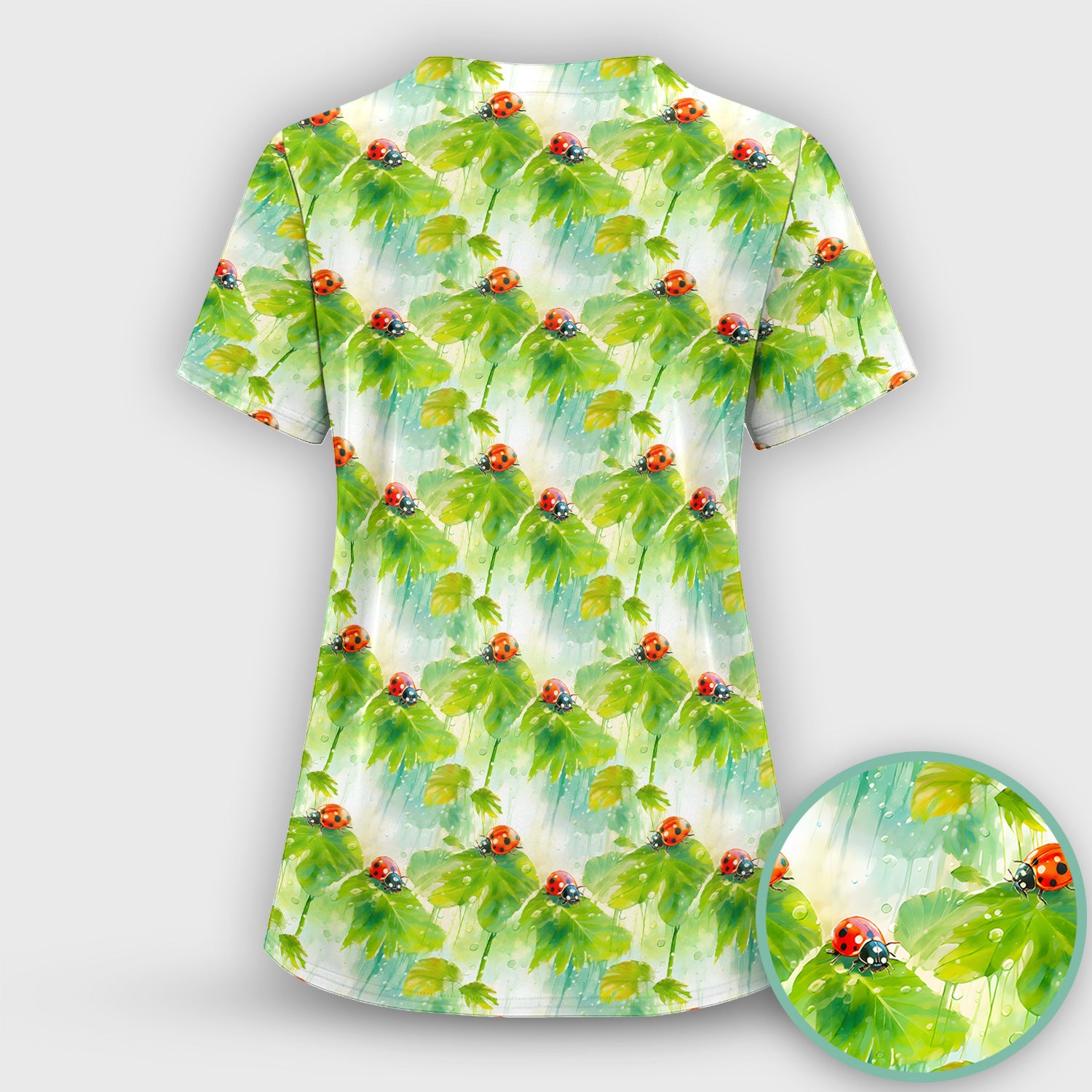 Ladybugs On Rainy Leaves Pattern Scrub Set, Scrub Pants and V Neck Top
