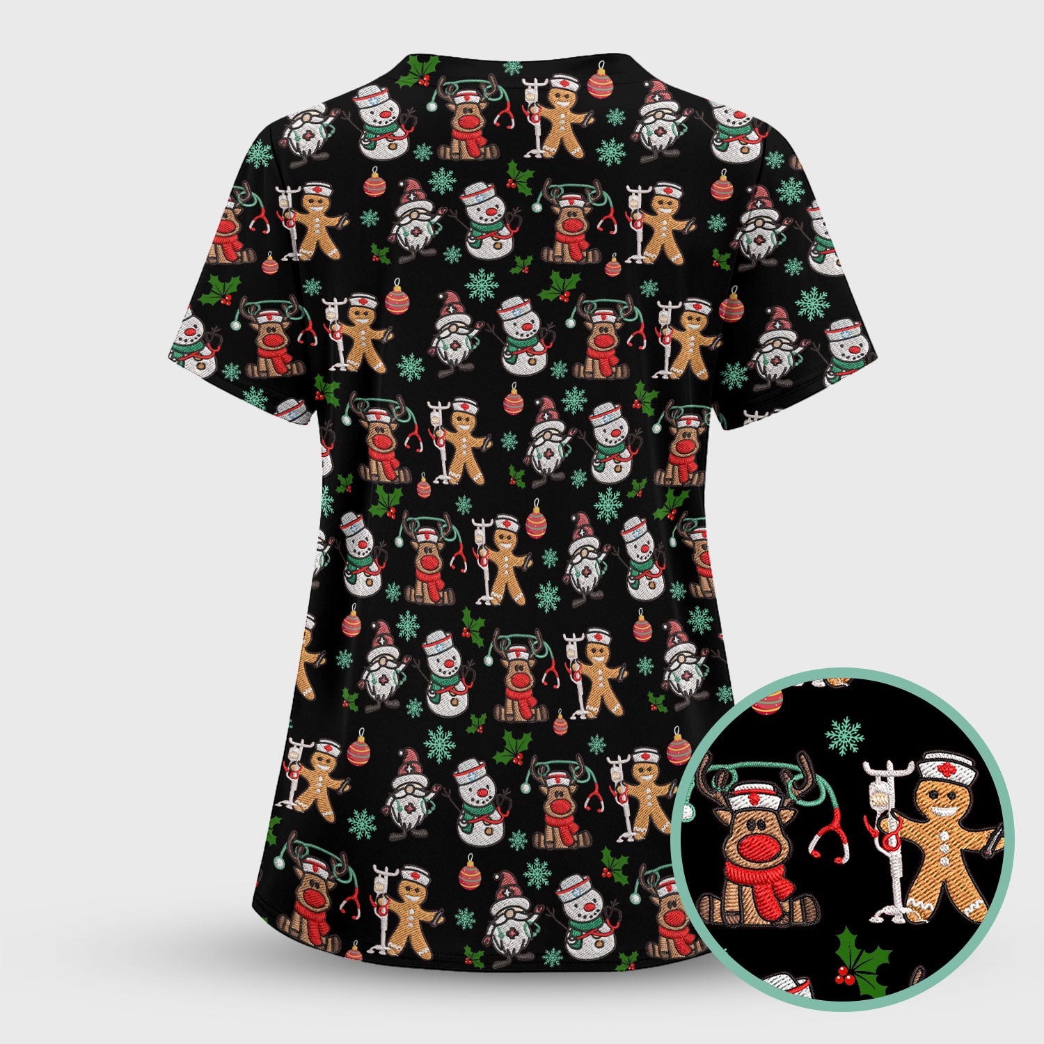 Christmas Gingerbread Scrubs for Women - Comfortable Scrubs for Nurses - Reindeer Santa Med Shirt - Breathable Fabrics Nursing Uniform