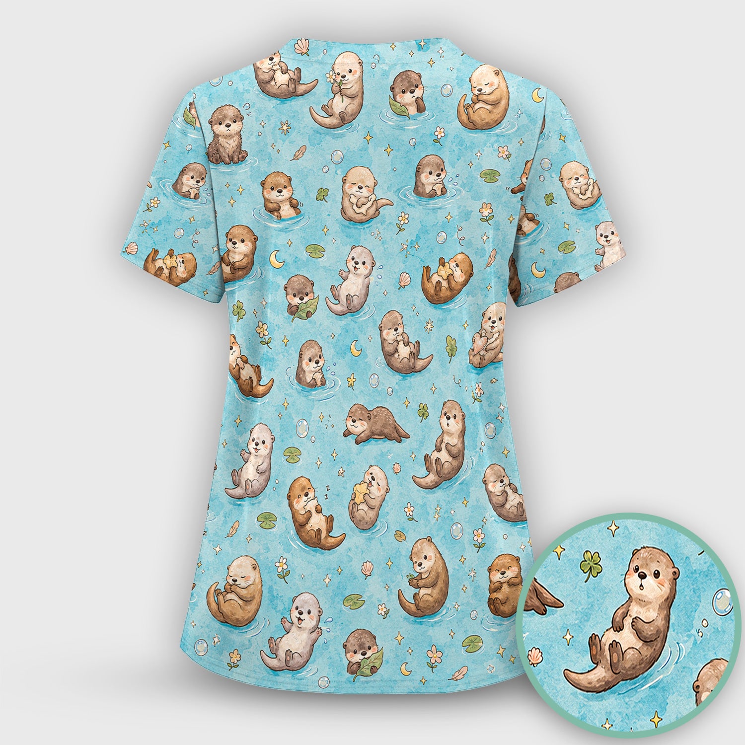 Cute Otter Pond Nurse Print Scrub Set, Scrub Pants and V Neck Top