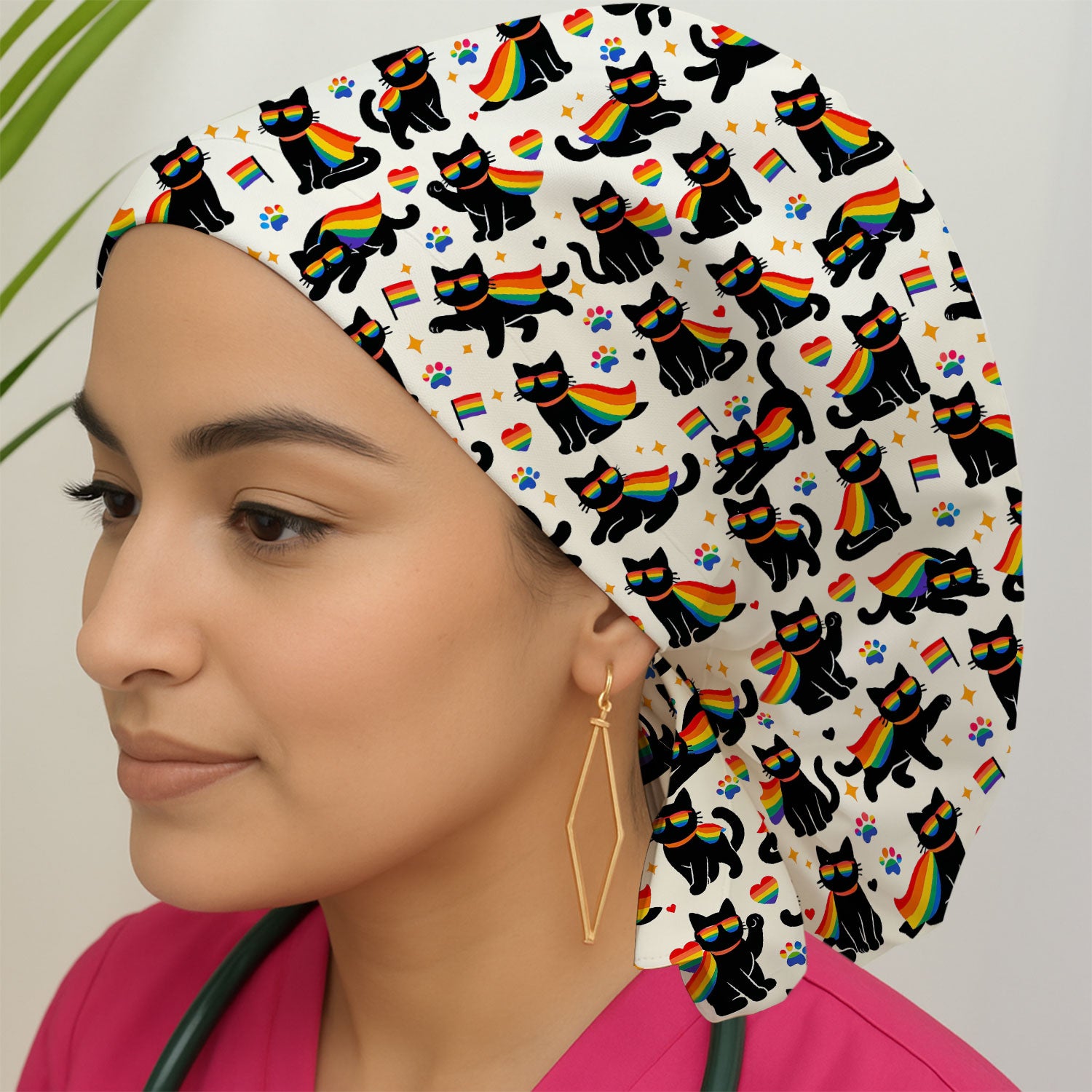 Rainbow Black Cat Pride Pattern Scrub Cap, Surgical Caps for Doctors