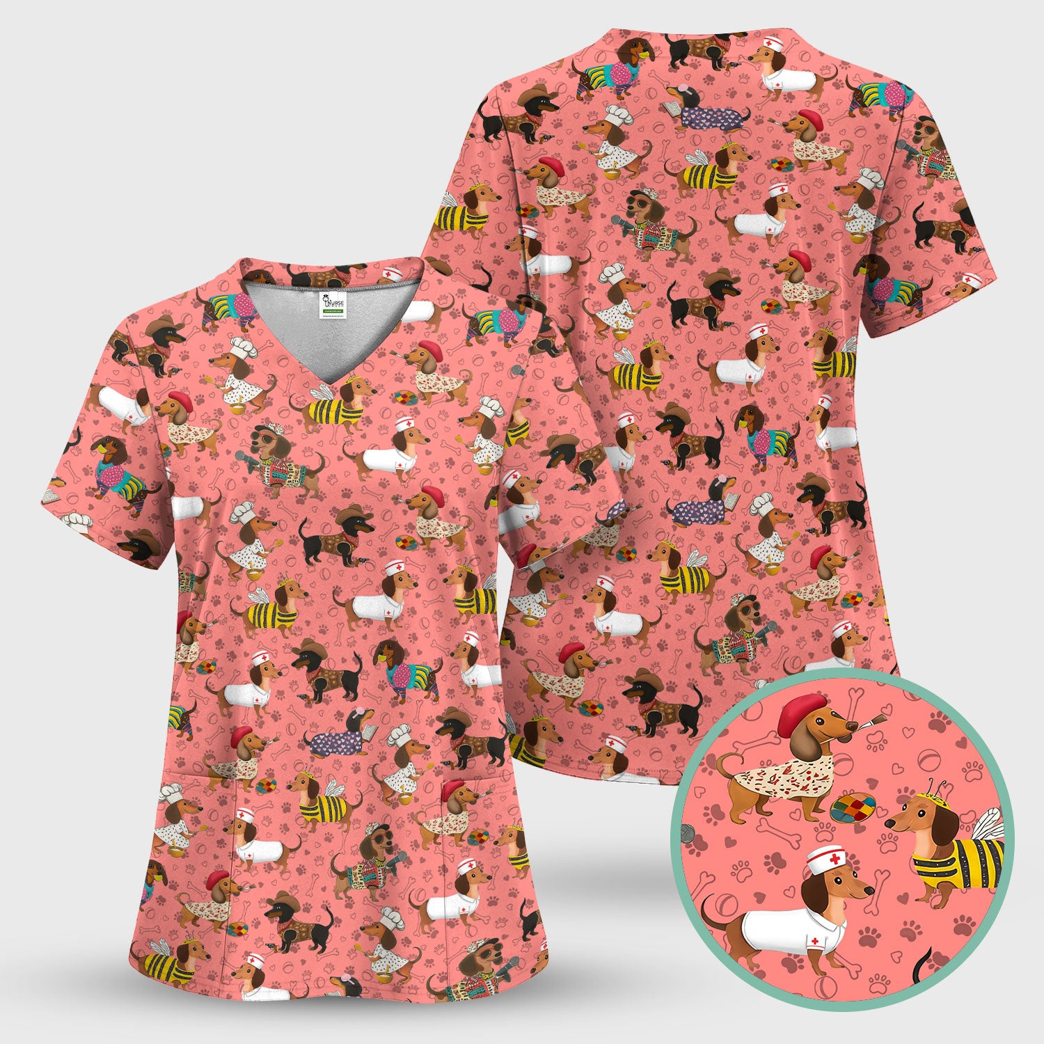 Funny Wiener Dog Nurse Scrub Top - Dachshund in Bee, Chef, Nurse Costumes - Cute Sausage Dog Medical Shirt for Women RN CNA LPN