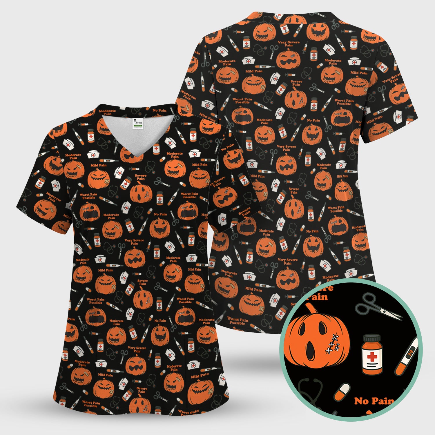 Halloween Nurse Scrub Top - Pumpkin Pain Scale Medical Shirt - Spooky Gift for RN LPN CNA