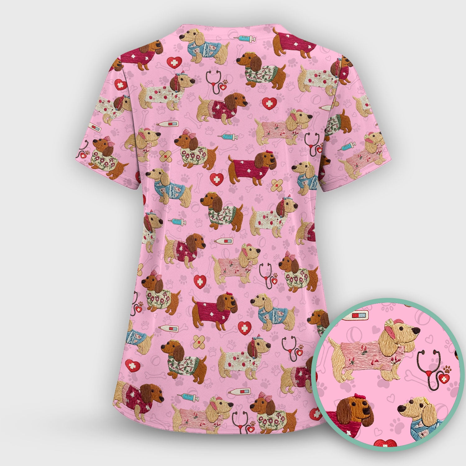 Cute Medical Wiener Dog Pattern Nurse Shirt, Dachshund Nursing Scrub Top, Breathable Fabrics Nursing Uniform