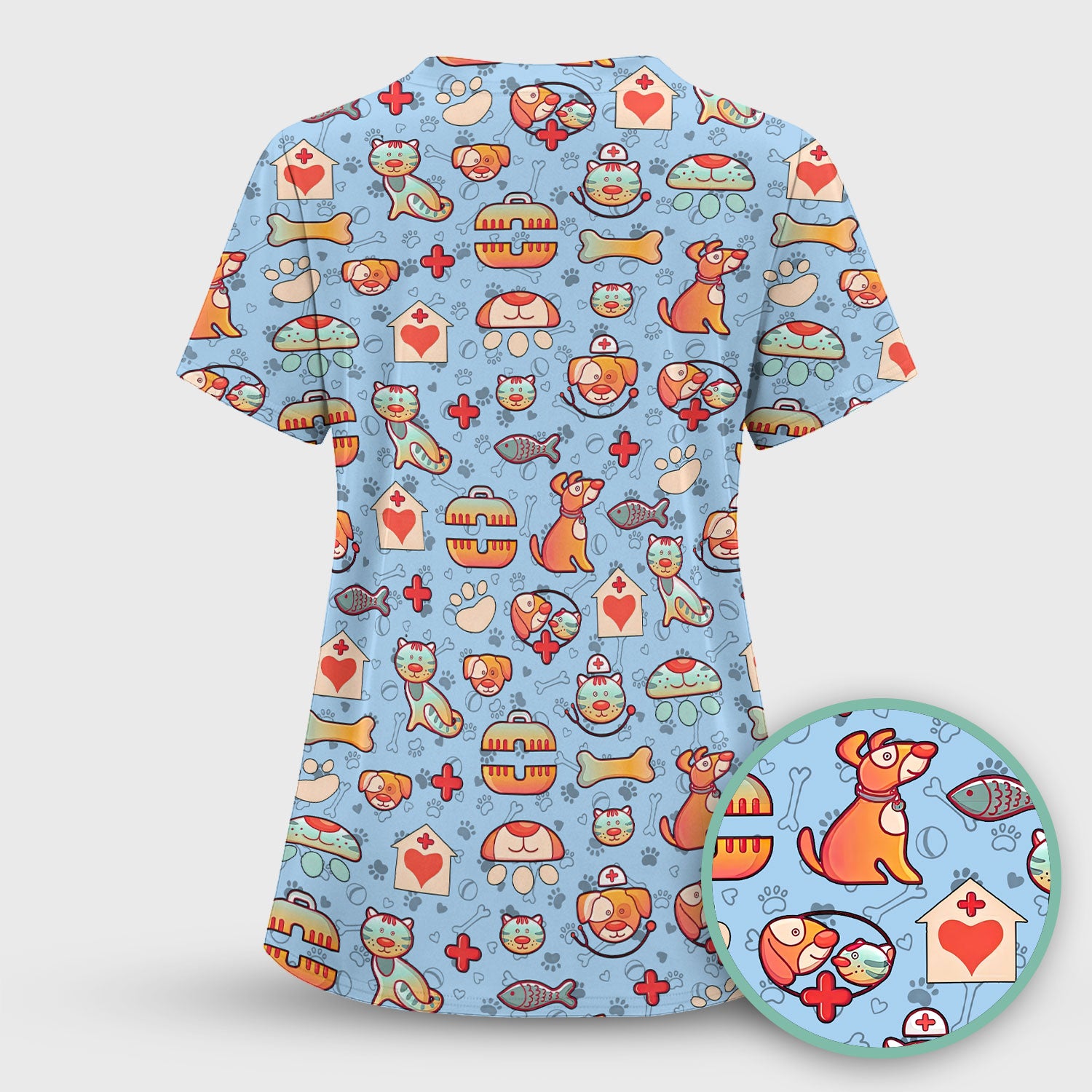Veterinary Nurse Scrub Top - Cute Cat Dog Paw Print Medical Shirt - Fun Animal Pattern Vet Tech Scrubs for Women RN CNA
