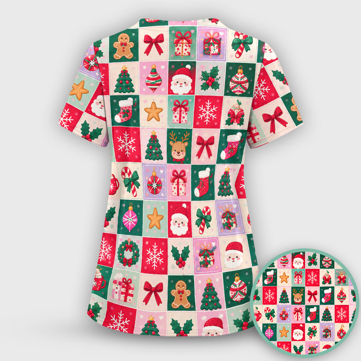 Cute Christmas Santa Patchwork Scrub Set, Scrub Pants and V Neck Top