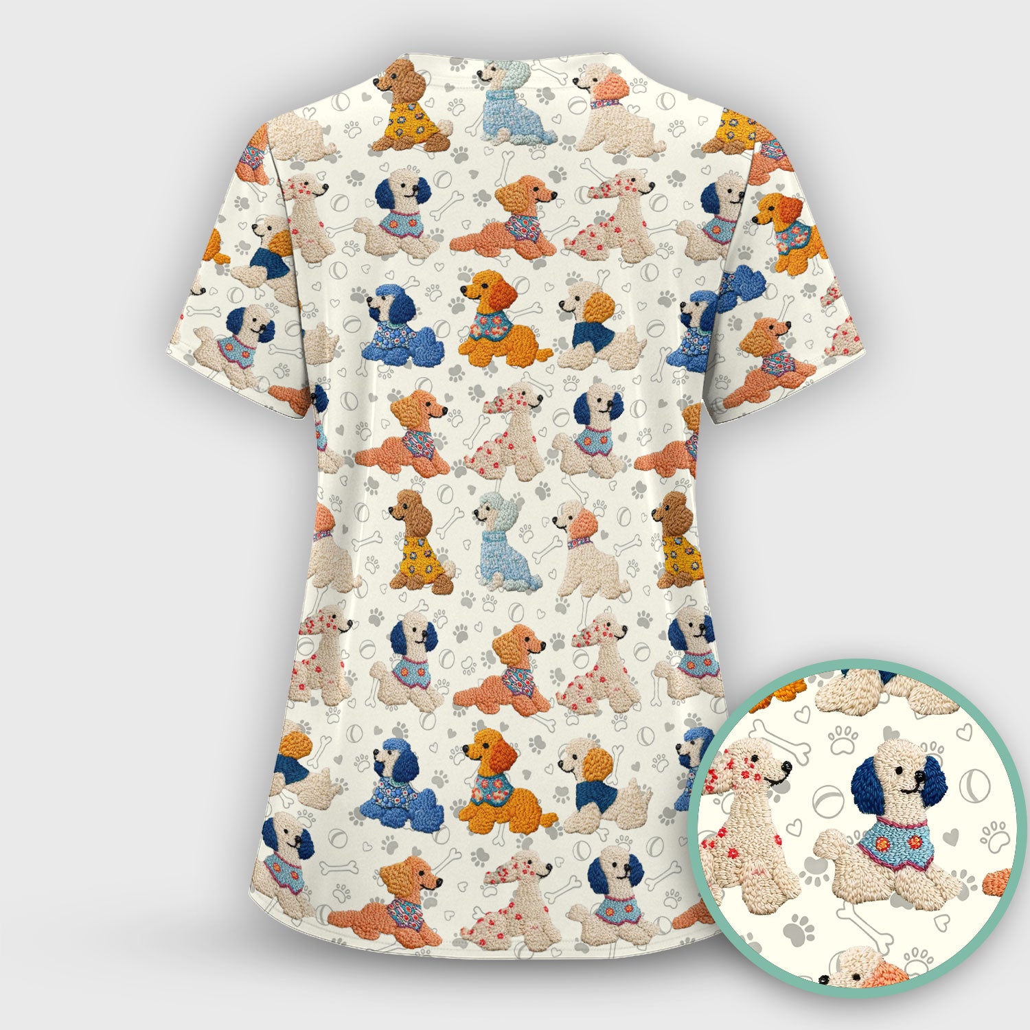Cute Colorful Poodle Pattern Scrub Top, Comfortable Scrubs for Nurses