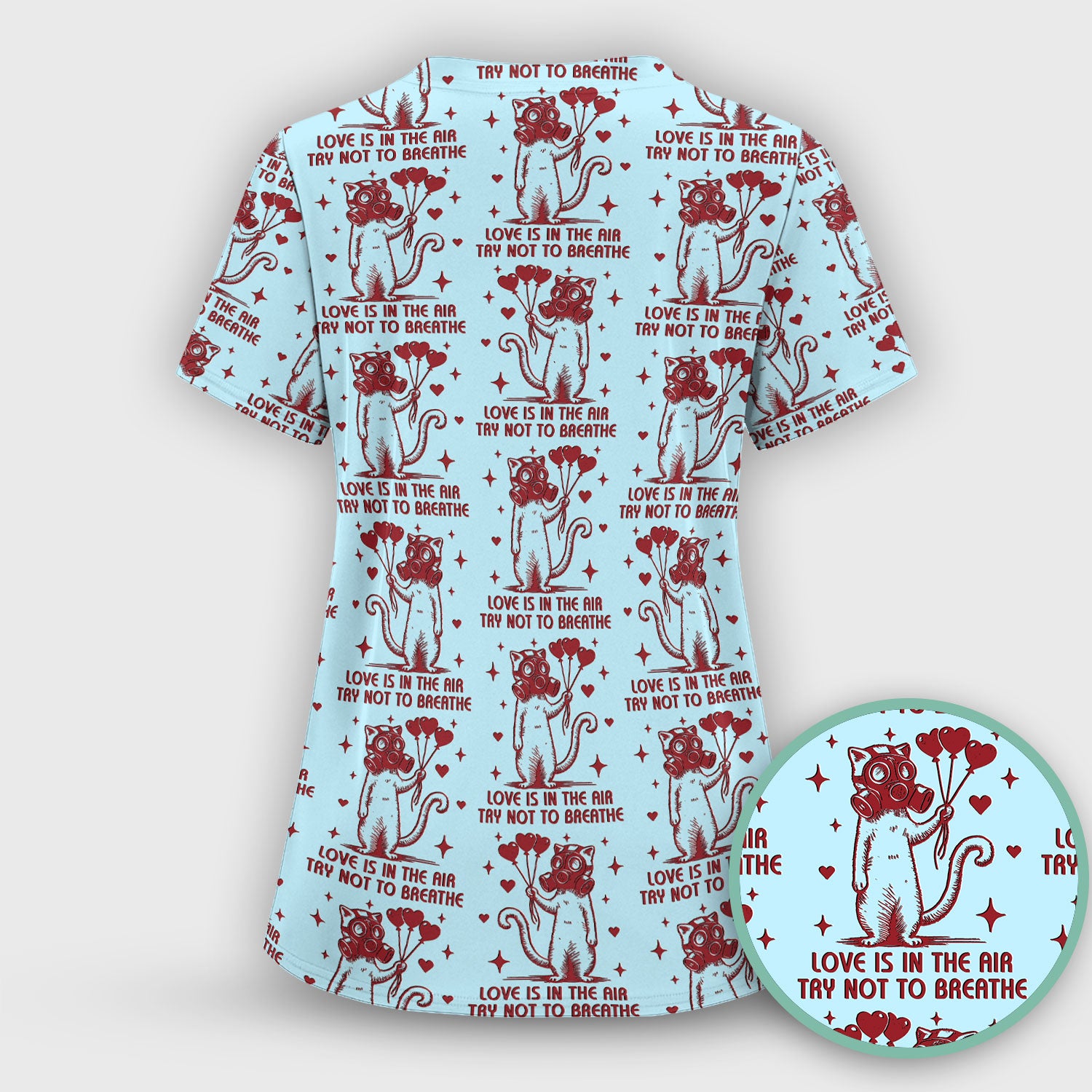 Gas Mask Cat Heart Balloon Valentine Print Scrub Set, Breathable Med Uniform