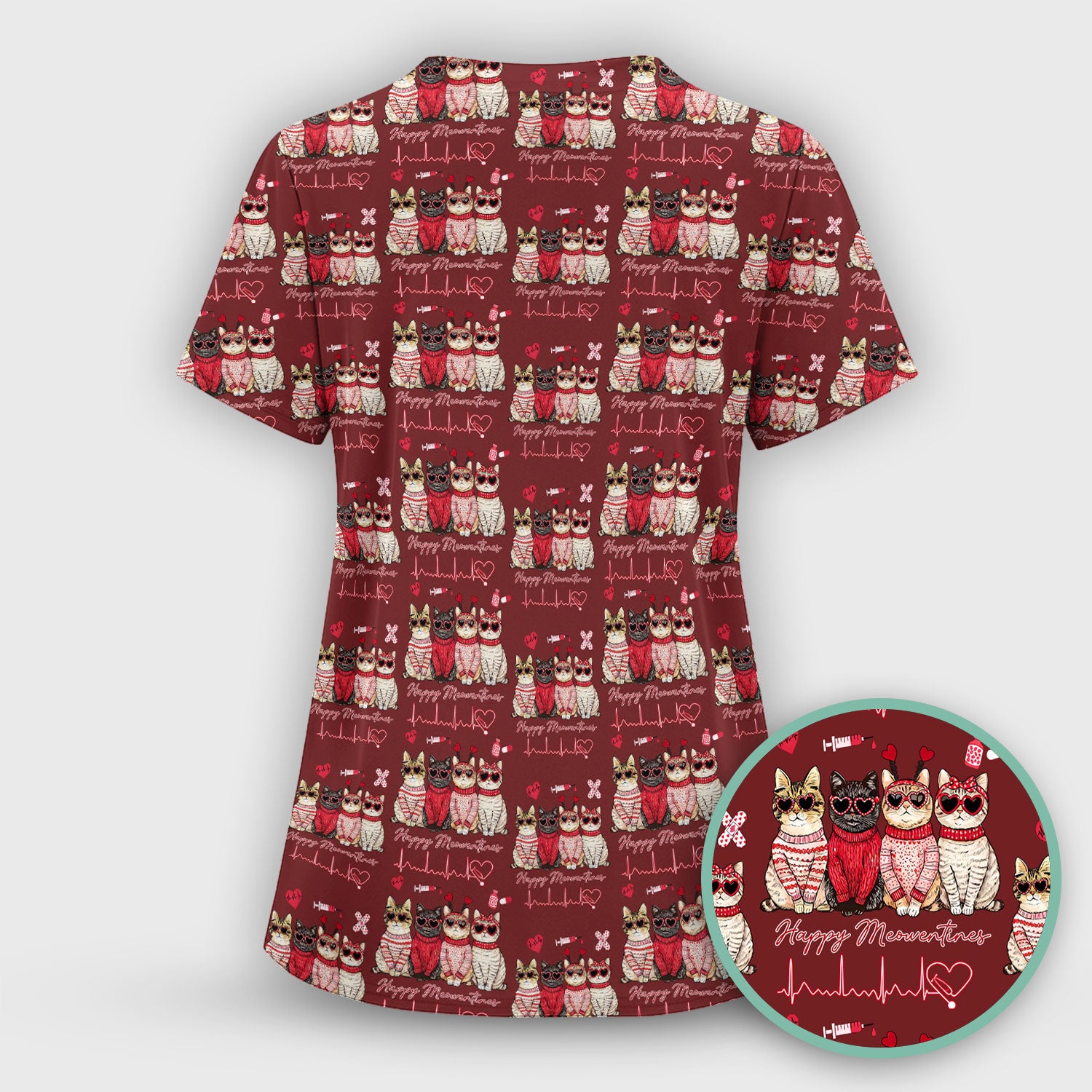 Happy Meowtines Cat Pattern Scrub Top, Valentine Cat Lover Nurse Scrub Shirt, Heartbeat Medical Pattern Nursing Uniform