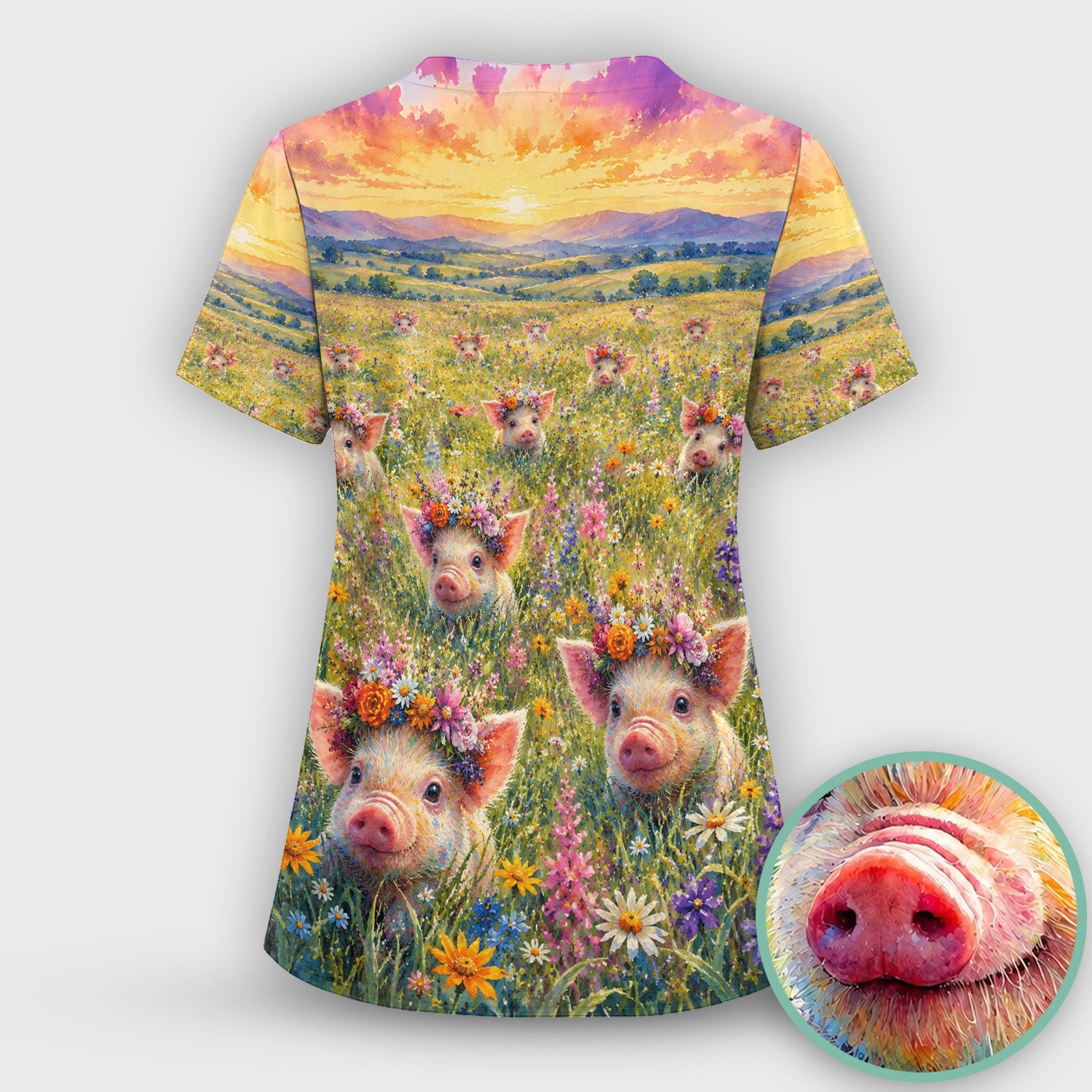 Cute Floral Piglet Pediatric Pattern Scrub Top, Comfortable Scrubs for Nurses