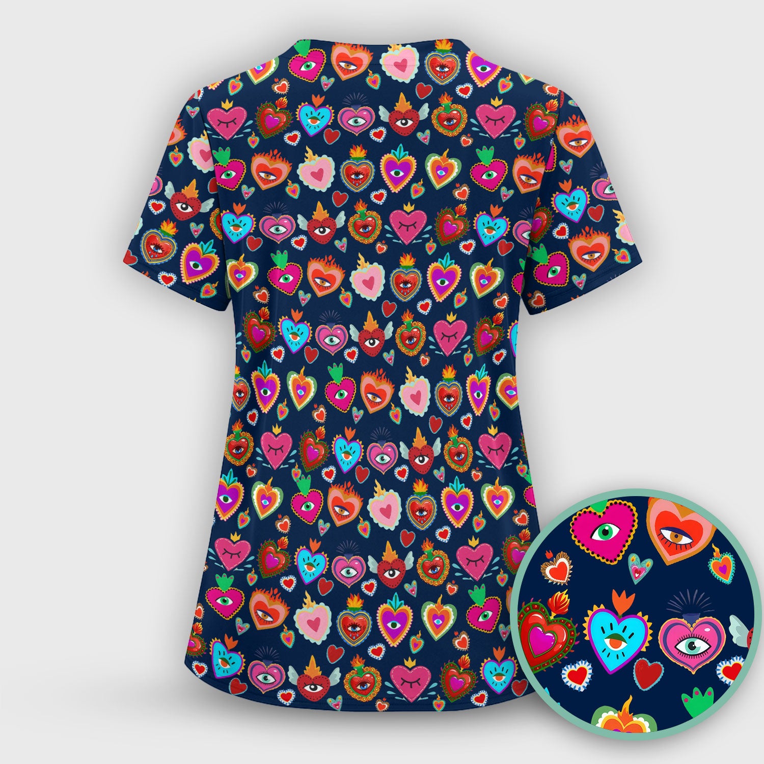 Valentine Colorful Sacred Heart Print Medical Scrub Top, Comfortable Scrubs for Nurses