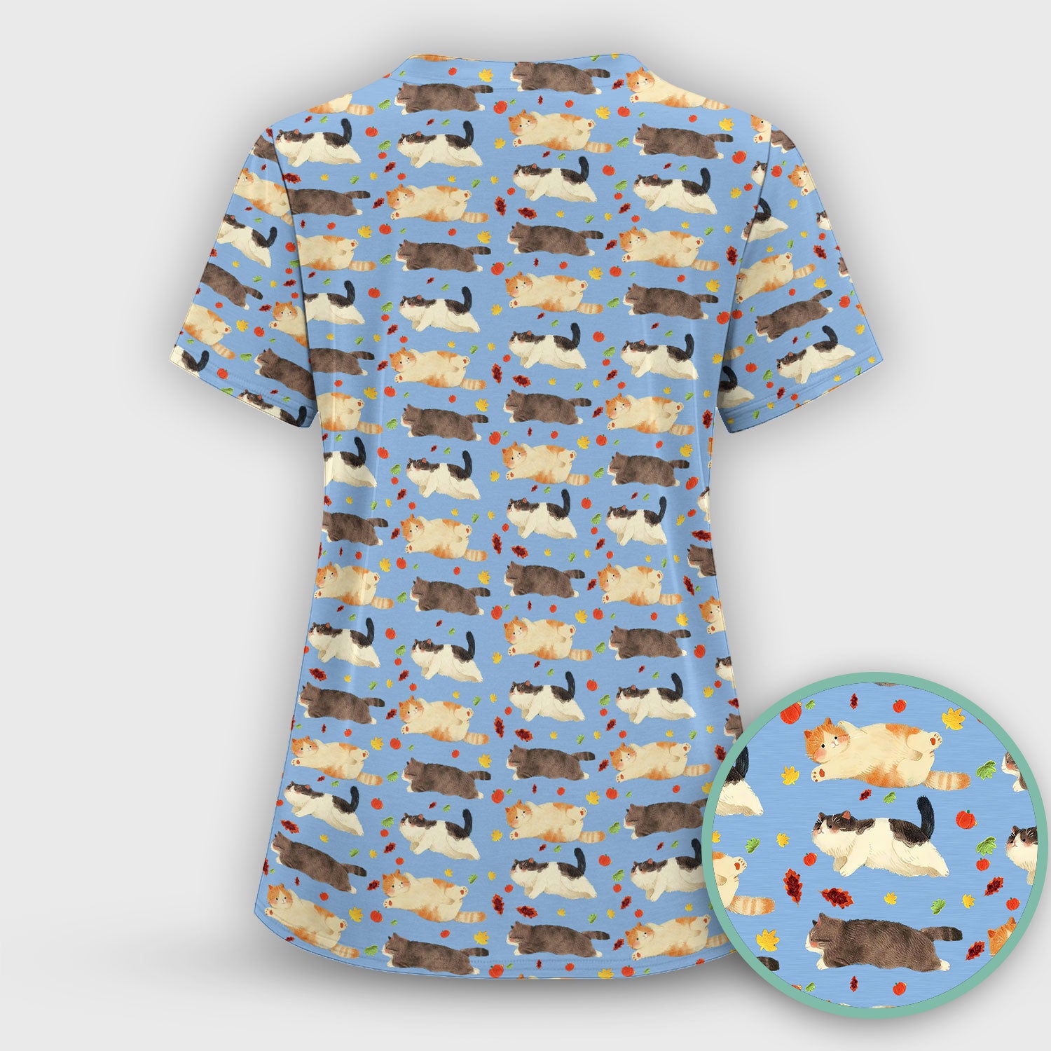 Chubby Cat Autumn Leaves Print Scrub Top, Breathable Fabrics Nursing Uniform