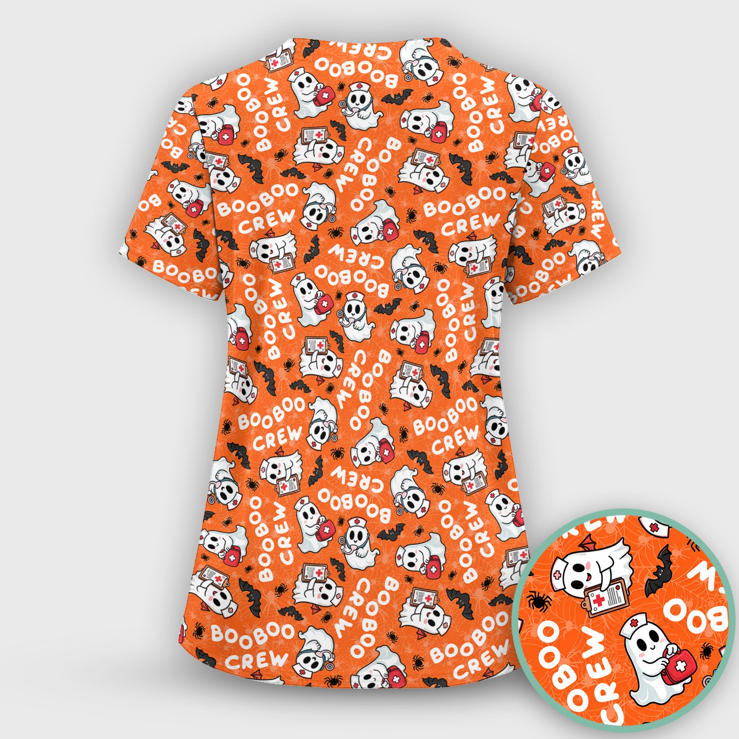 Cute Halloween Boo Boo Crew Ghost Scrub Set, Scrub Pants and V Neck Top