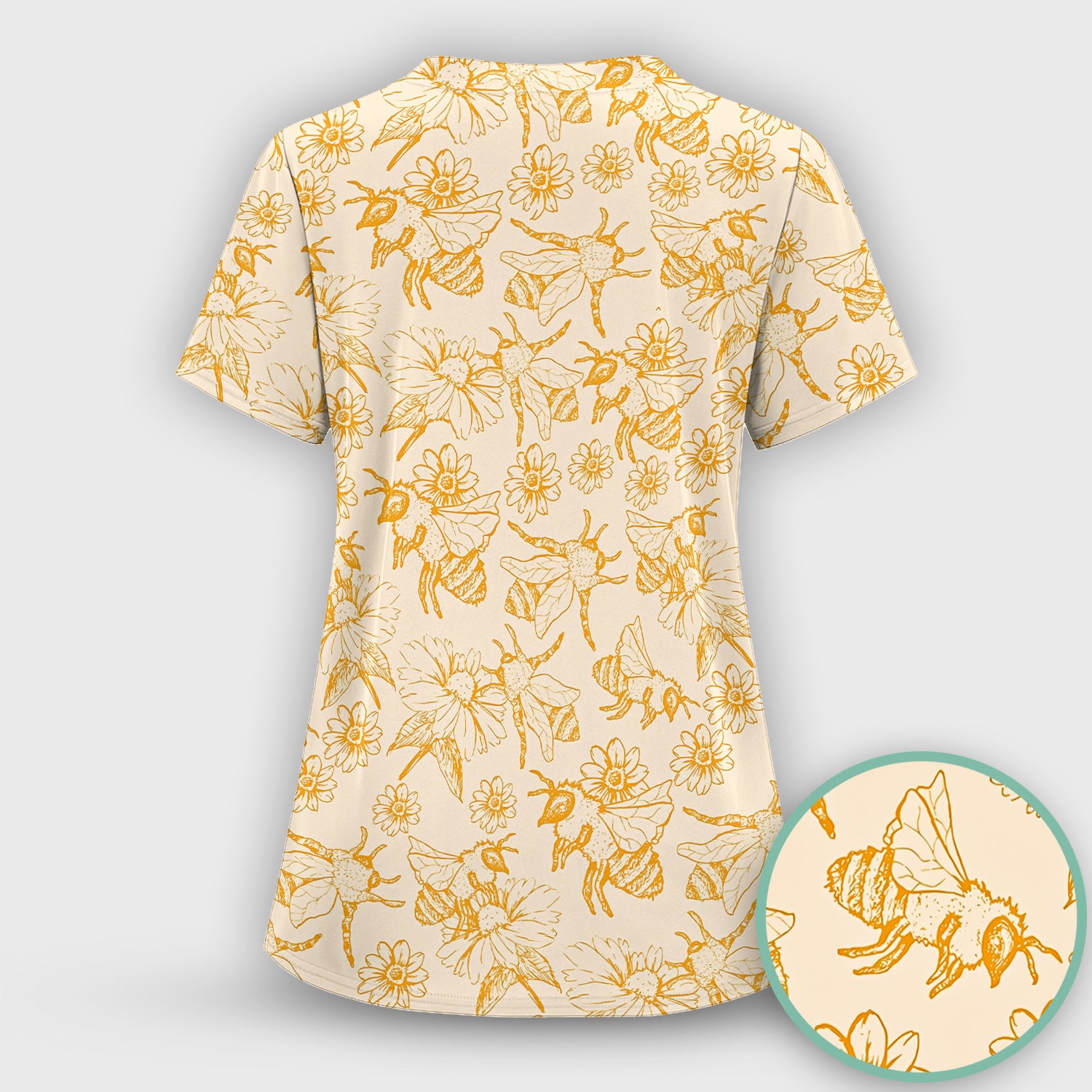Cute Honey Bee Flower Sketch Pattern Scrub Top, Comfortable Scrubs for Nurses
