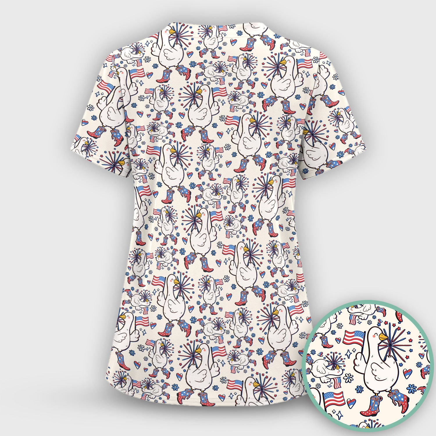 Patriotic Goose With USA Flag Fireworks Scrub Set, Breathable Fabrics Nursing Uniform