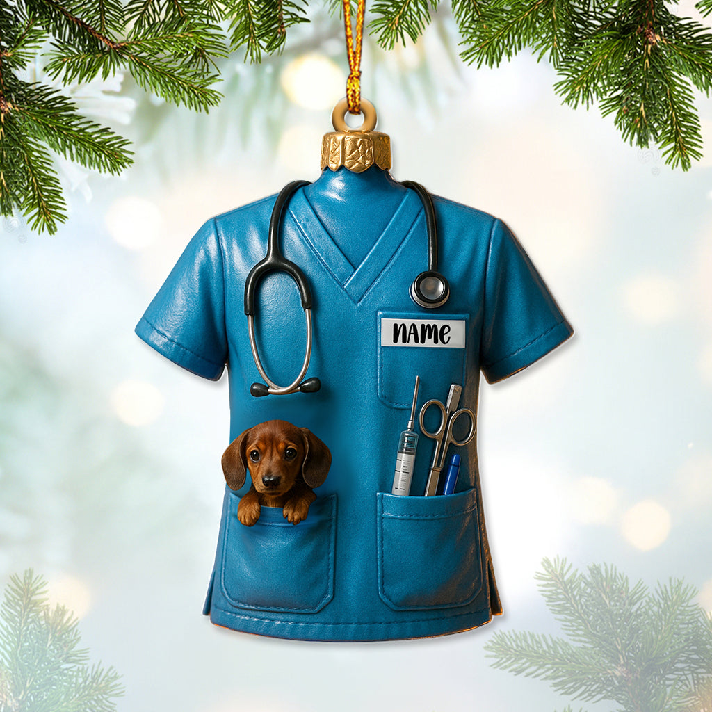 Personalized Nurse Scrub Ornament – Custom Name Pet Pocket Decor, Christmas Medical Gift for Nursing & Vet Workers