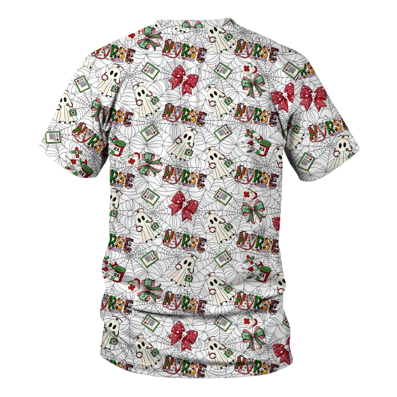 Halloween Nurse Scrub Top for Women - Cute Ghost and Spider Web Scrub Shirt Multi Color - Funny Nursing Work Shirt with Pockets
