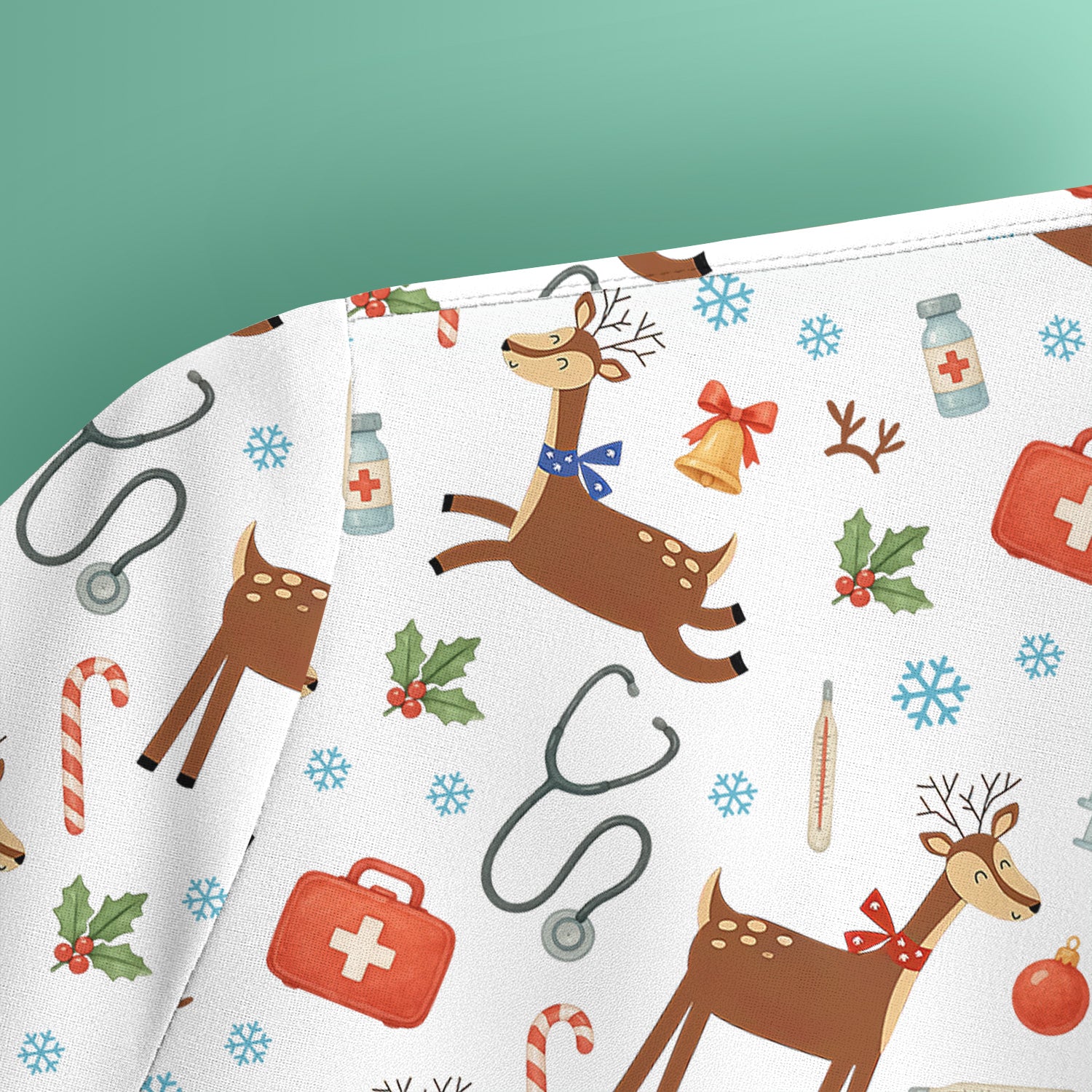 Christmas Reindeer Scrub Top for Nurses - Cute Reindeers Snowflakes Candy Canes Shirt - Comfortable Med Uniform