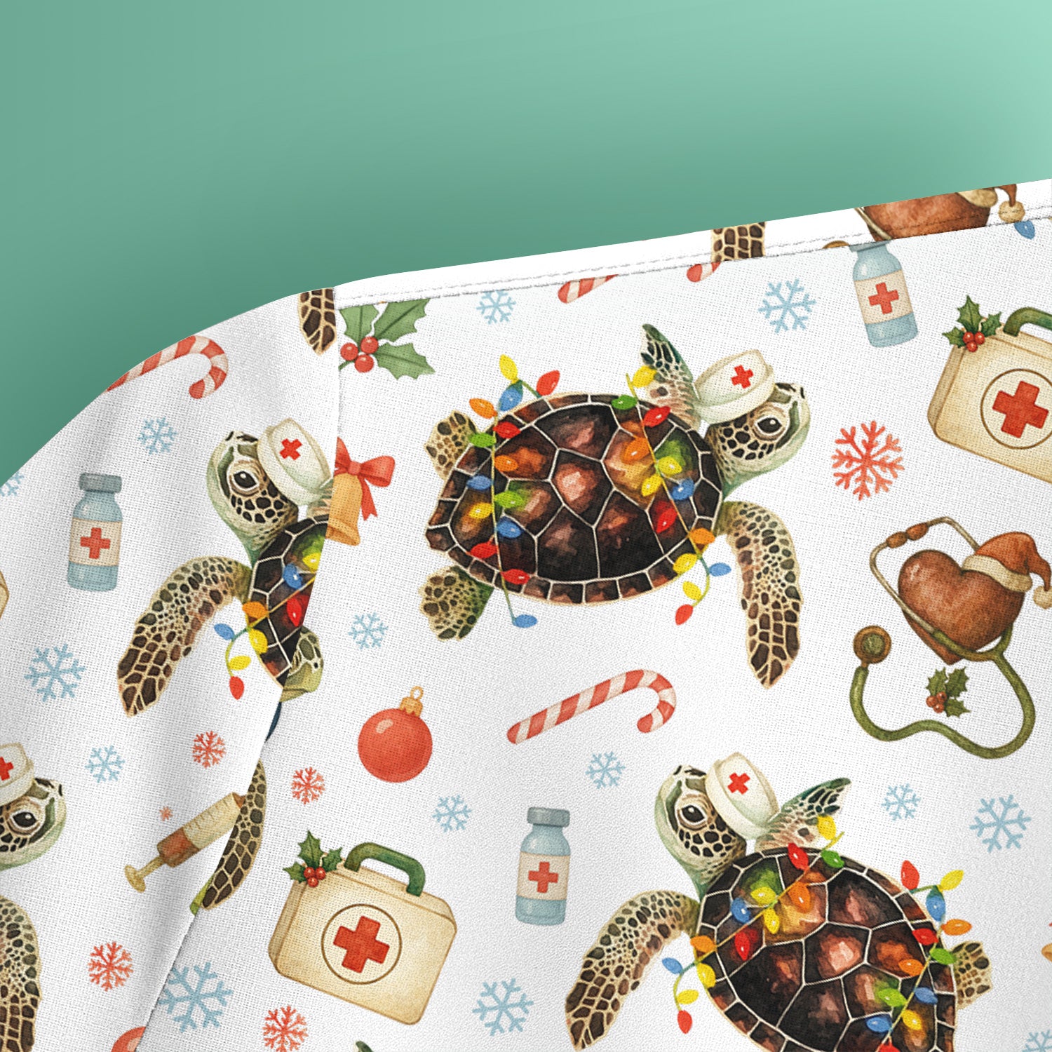 Funny Christmas Scrub Top - Sea Turtle with Xmas Lights Shirt - Holiday Nurse Scrubs for Women