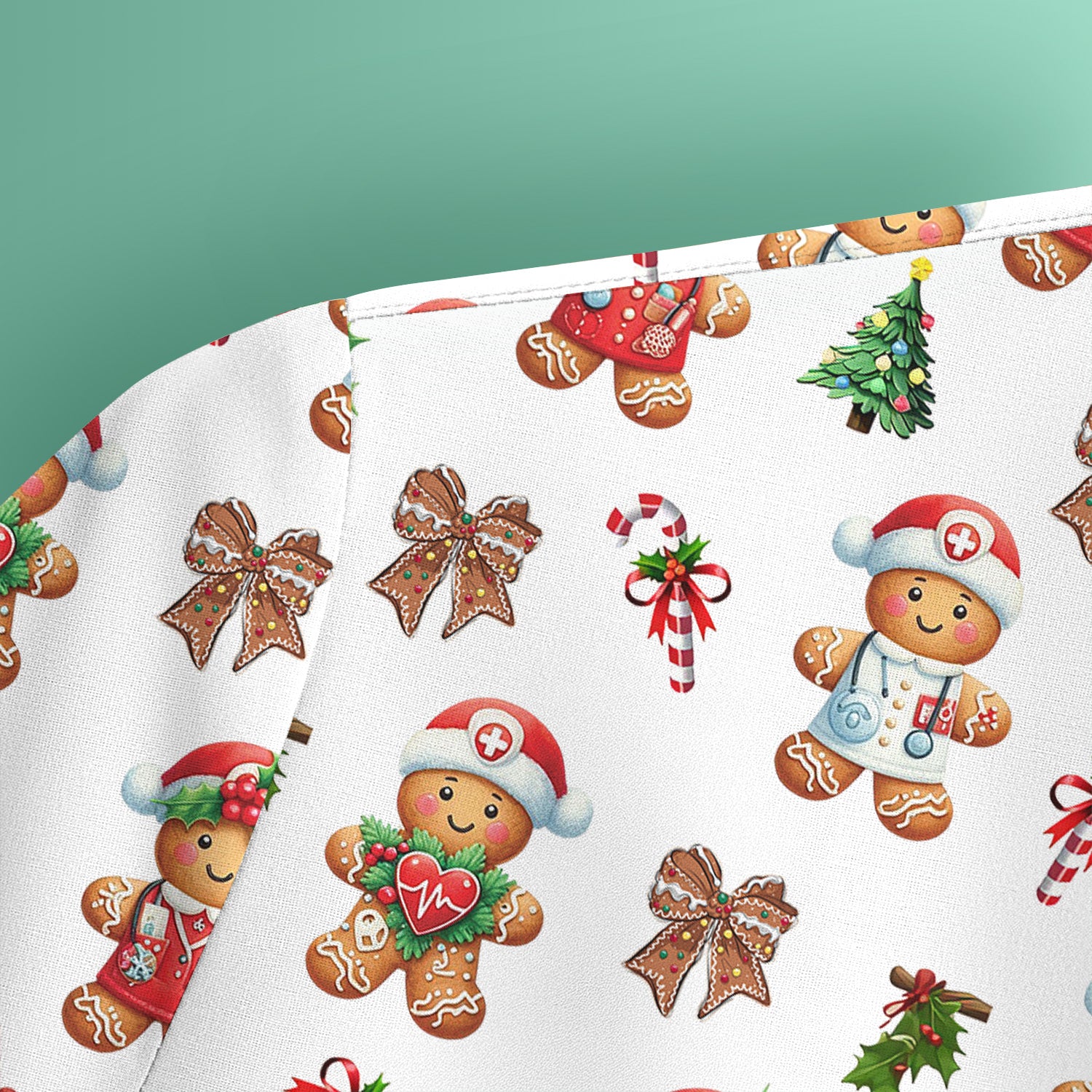 Funny Christmas Scrub Top for Nurse - Adorable Gingerbread Candy Cane Bow- Festive Medical Uniform for Women