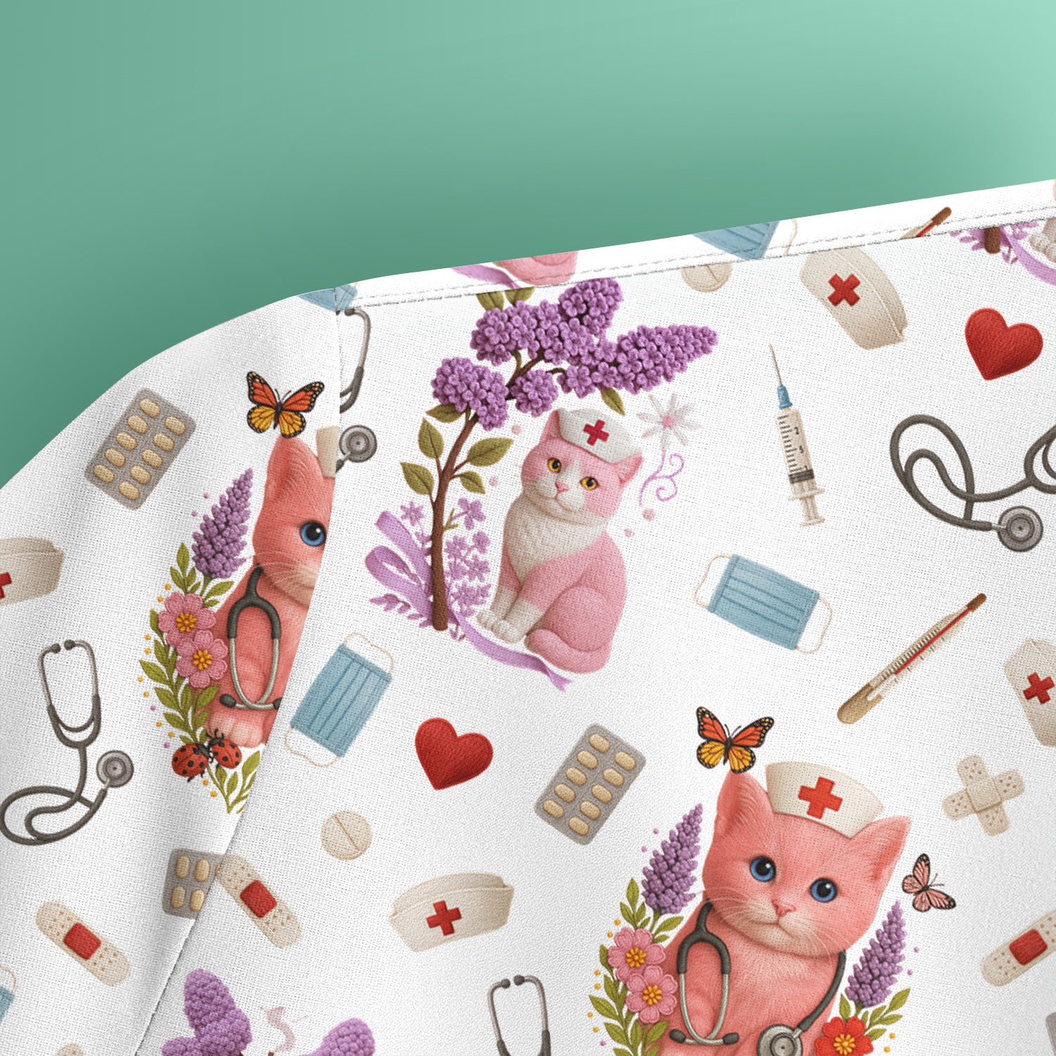 Pink Cat Print Medical Scrub Top - Cute Nurse Shirt for Women - Funny Pattern Gift for RN LPN CNA Healthcare Workers