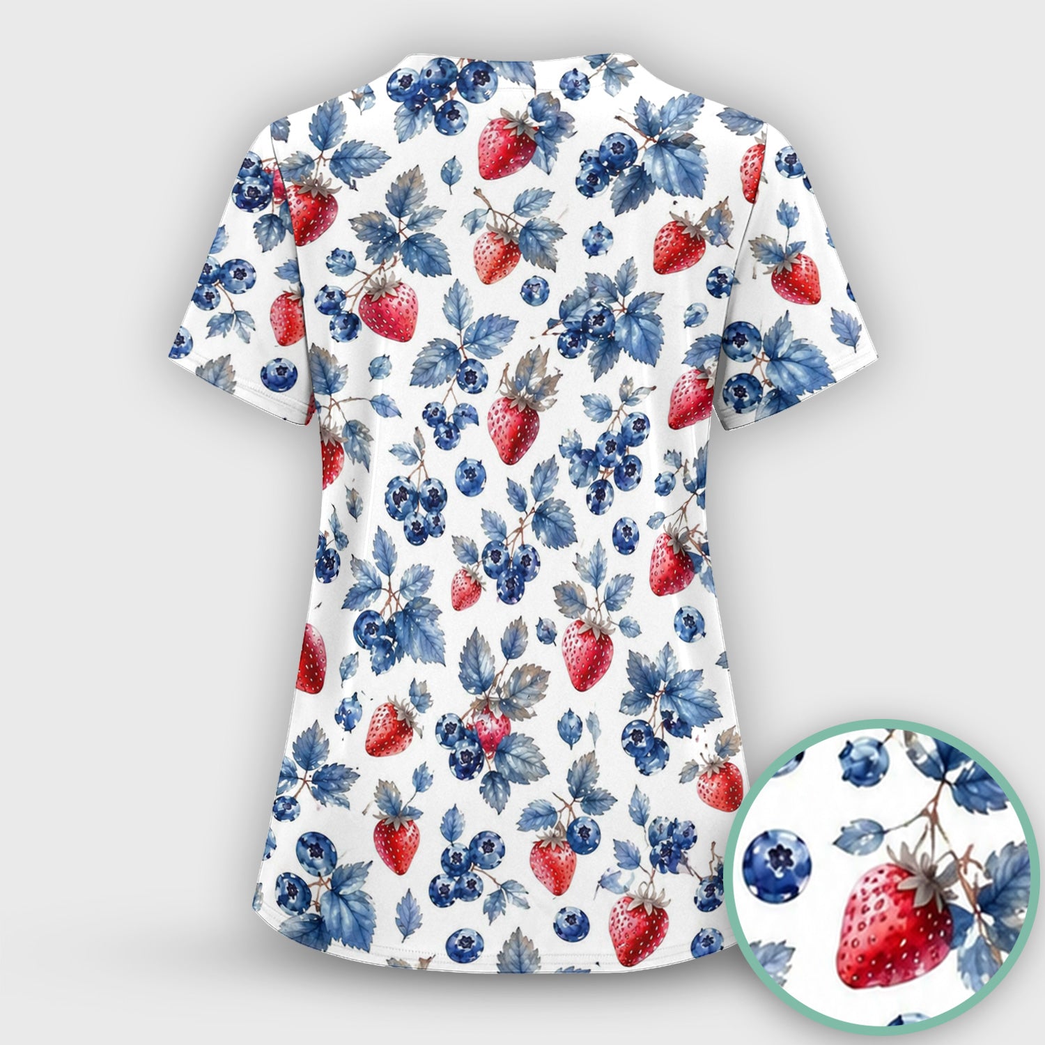 Cute Strawberry & Blueberry Leaf Pattern Scrub Top, Comfortable Scrubs for Nurses