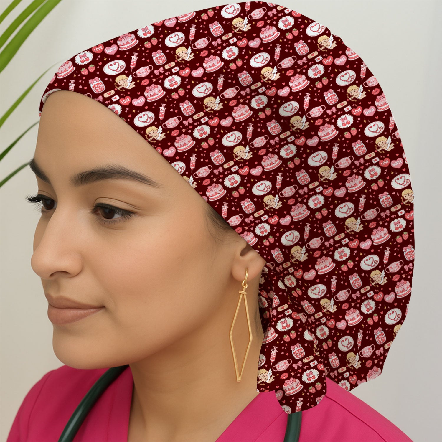Cupid Nurse Scrub Cap, Cute Love Medical Pattern Hat For Valentine, Breathable Fabrics Nursing Uniform