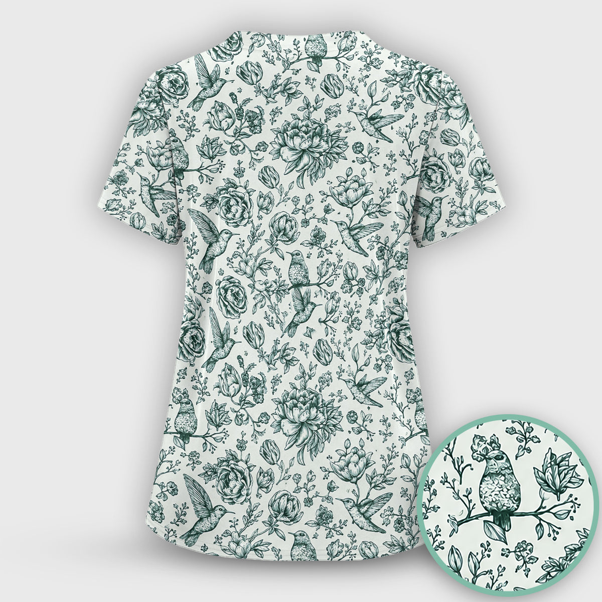 Vintage Hummingbird Pattern Scrub Set, Scrub Pants and V Neck Top
