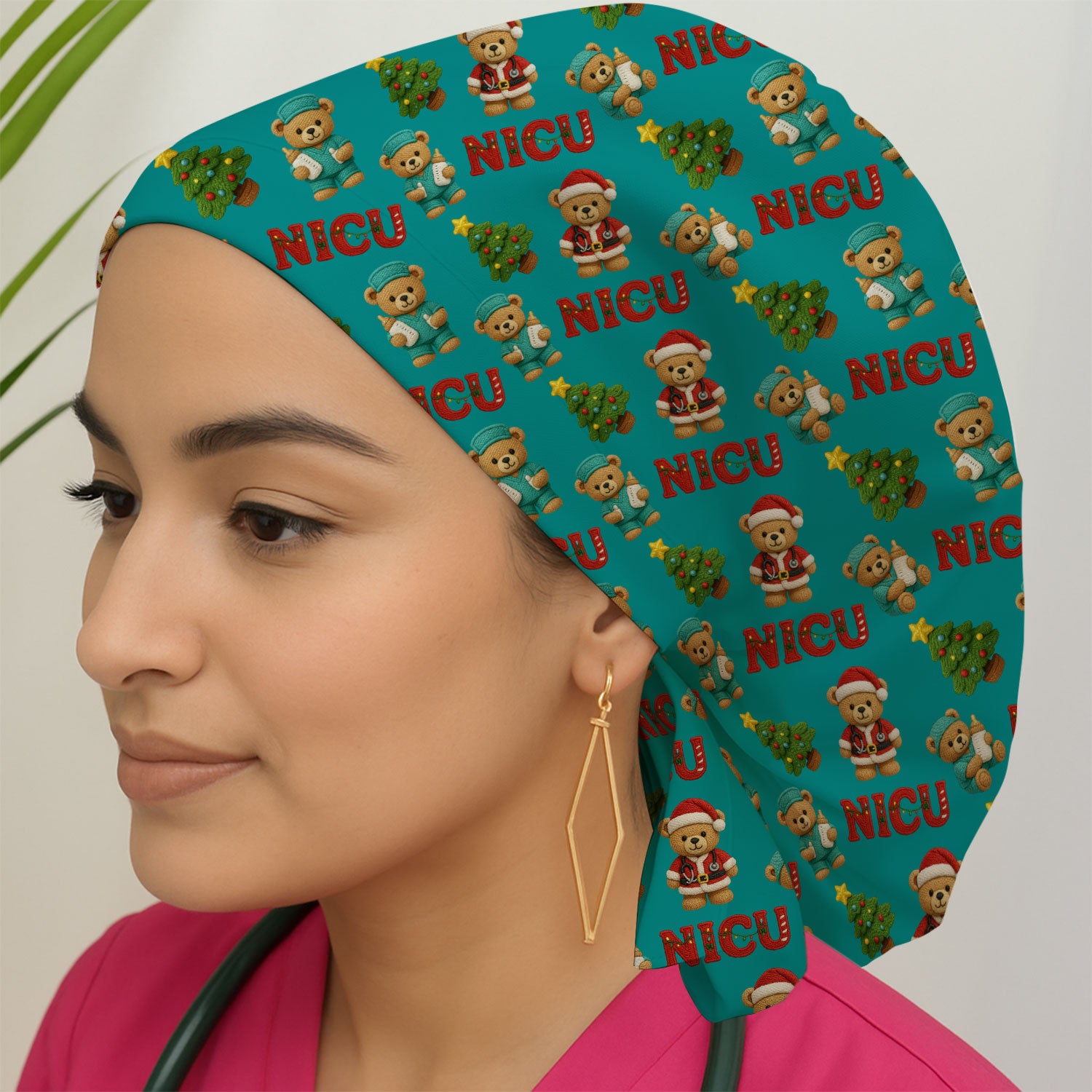 Festive Christmas NICU Nurse Teddy Bear Pattern Print Cap, Bouffant Scrub Caps for Women