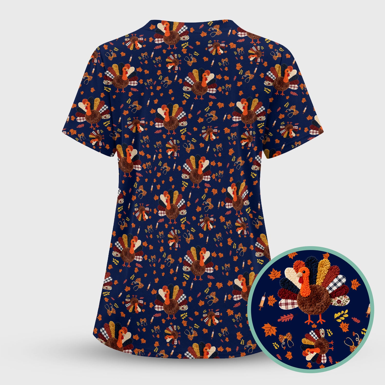 Funny Thanksgiving Nurse Scrub Top - Fall Leaves and Pumpkin Shirt - Autumn Turkey Med Uniform Gift for RN CNA LPN