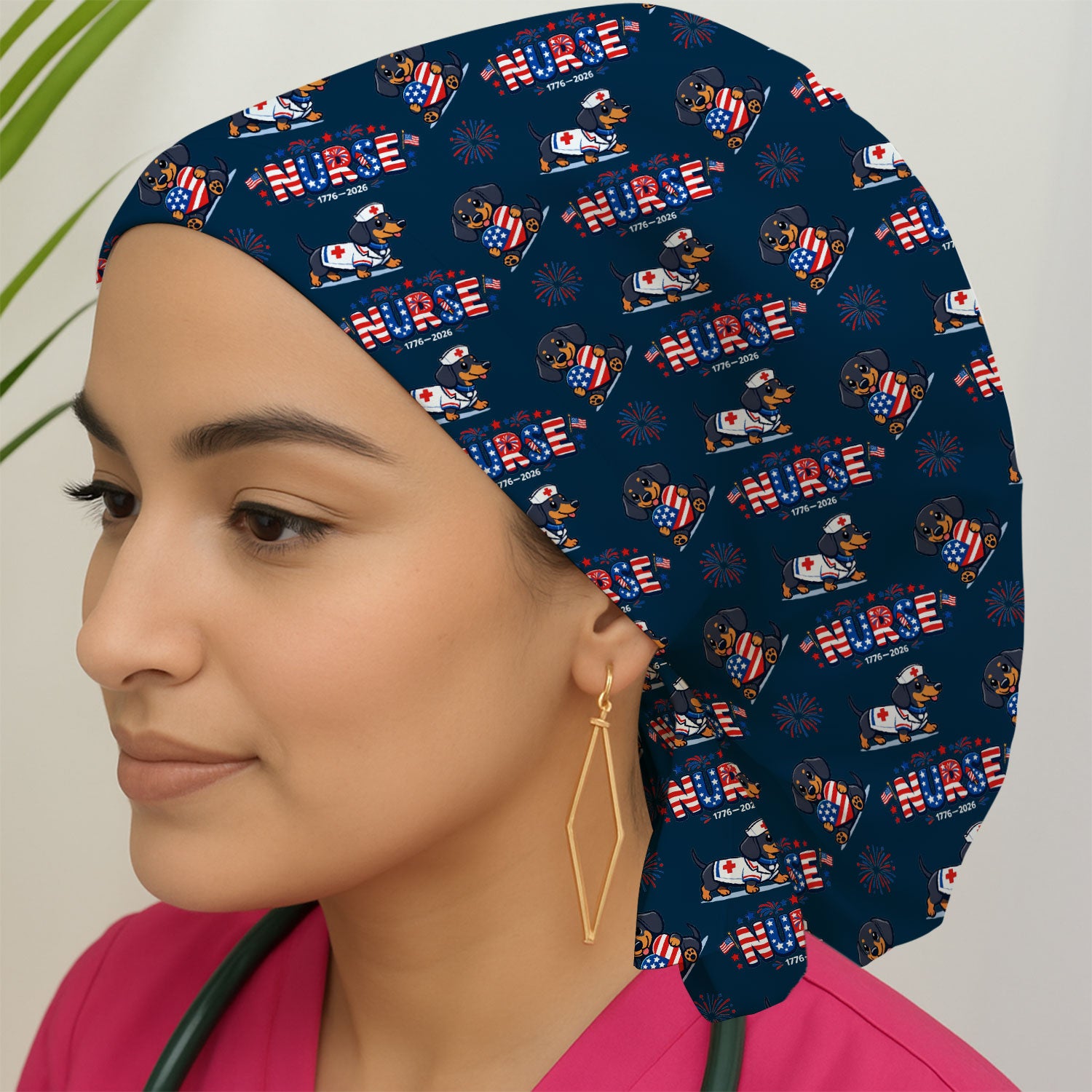 Proud Nurse Patriotic Dachshund Medical Firework Pattern Cap, Bouffant Scrub Caps for Women