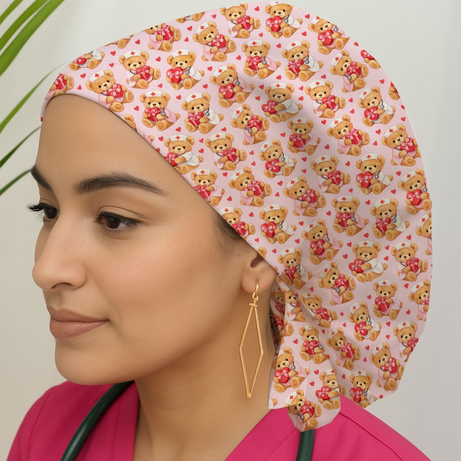 Valentine Teddy Pattern Scrub Cap, Bear And Heart Medical Nurse Scrub Hat, Breathable Fabrics Nursing Uniform