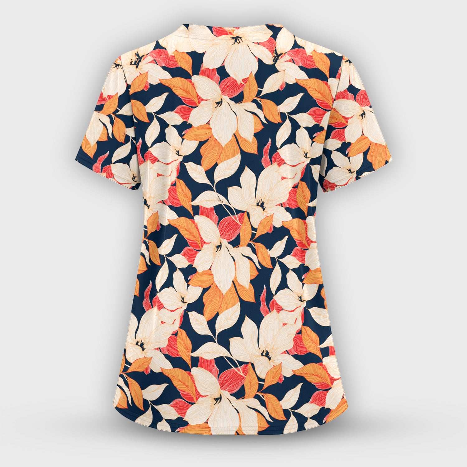 Elegant Ivory Lily Leaves Pattern Scrub Set, Scrub Pants and V Neck Top