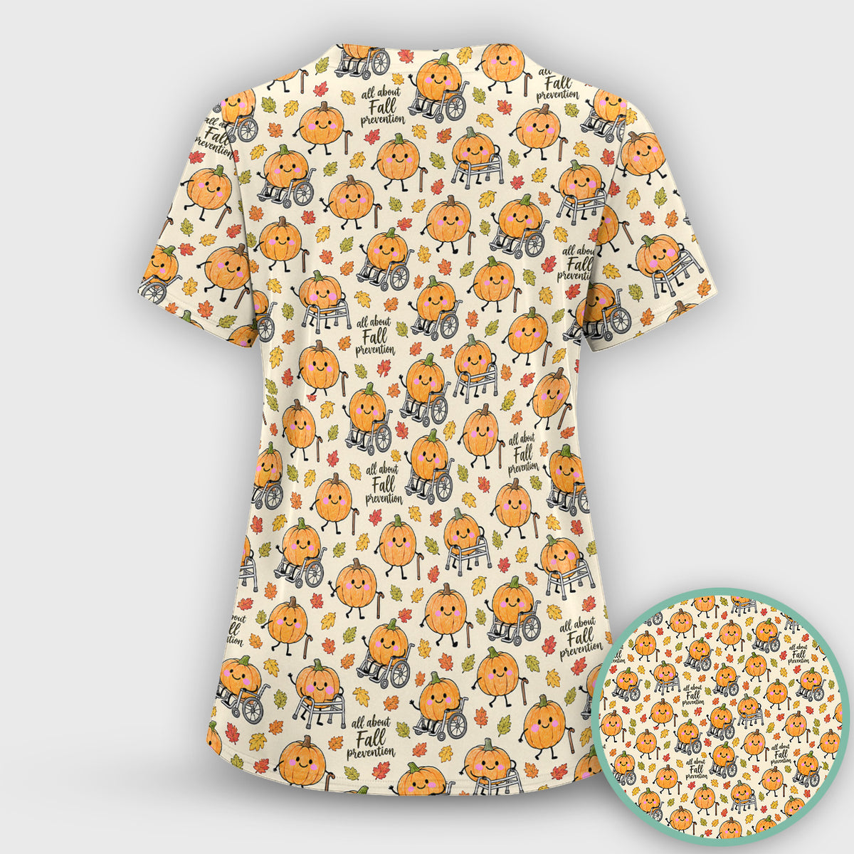 Cute Fall Prevention Pumpkin Pattern Scrub Set, Scrub Pants and V Neck Top