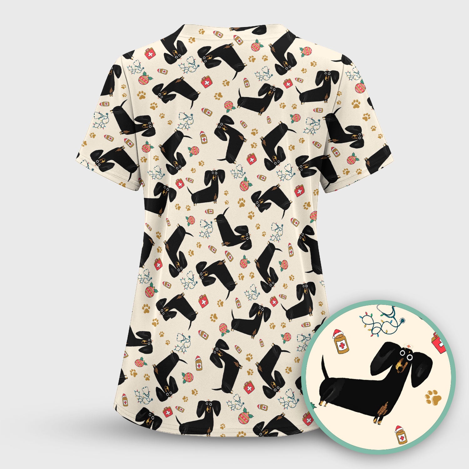 Funny Black Dachshund Scrub Top for Nurses - Cute Wiener Dog Medical Shirt - Puppy Lover Nursing Gift for Women