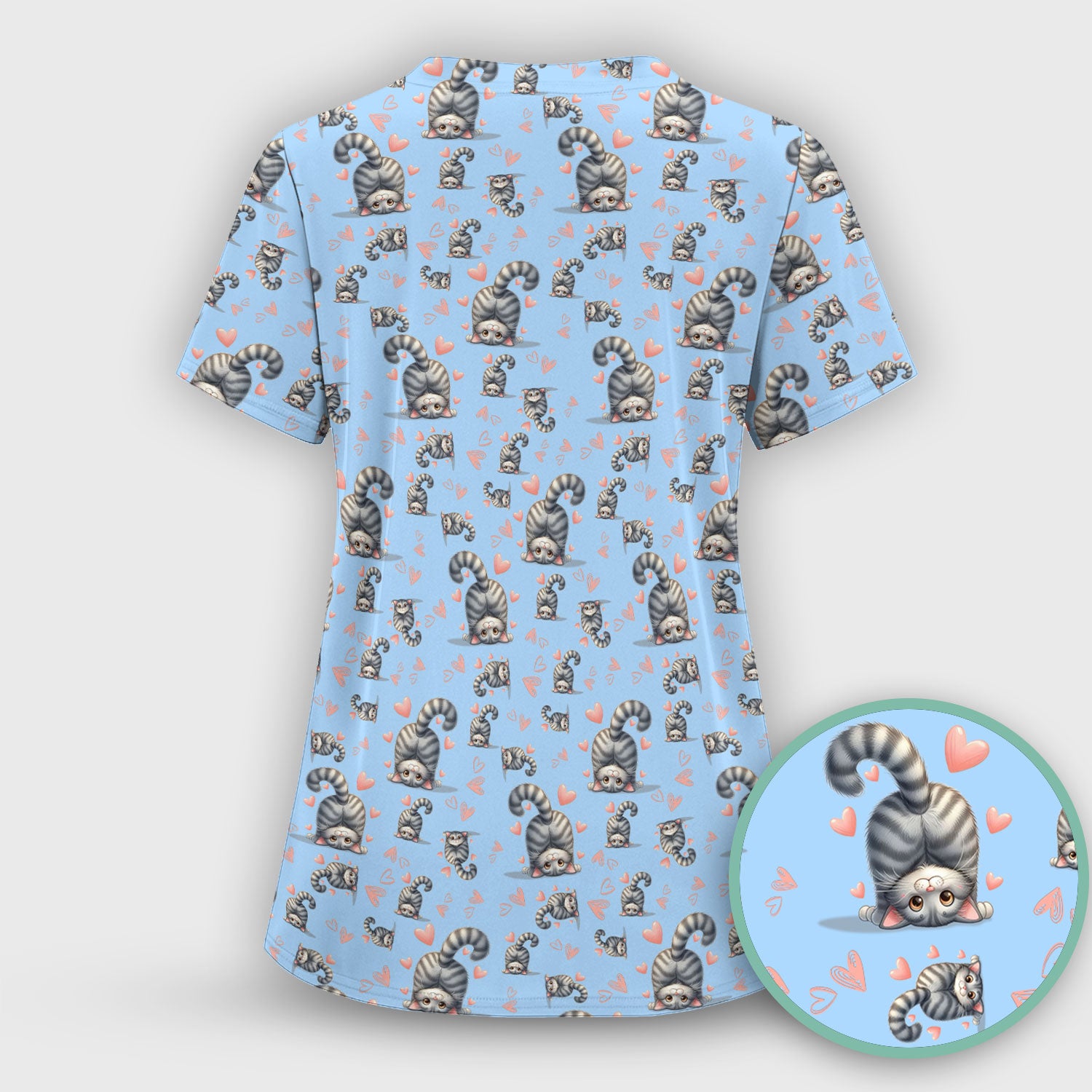 Valentine Cute Cat Scrub Set, Cat Heart Pattern Nurse Uniform, Comfortable Scrubs For Nurses