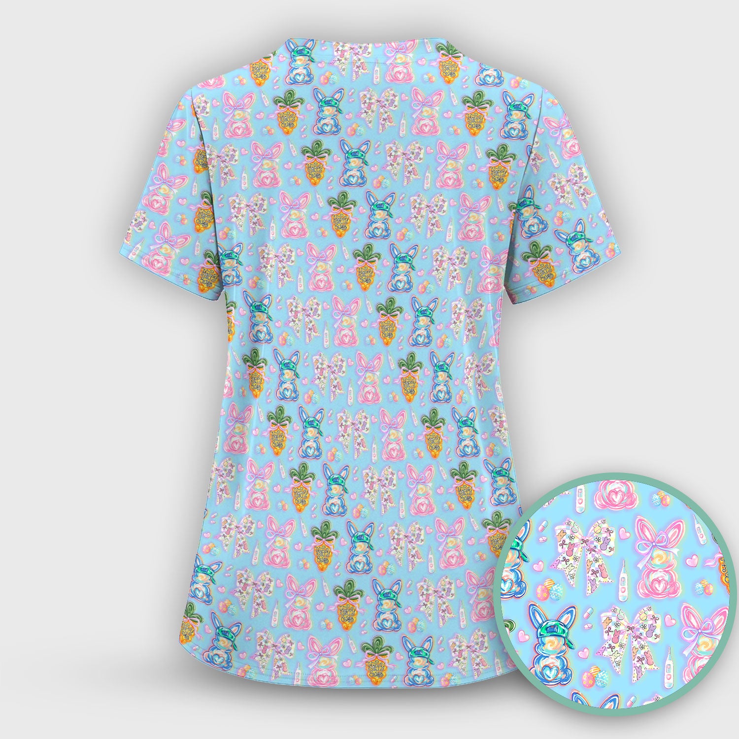 Easter Bunny Carrot Bow Floral Print Scrub Top, Comfortable Scrubs for Nurses